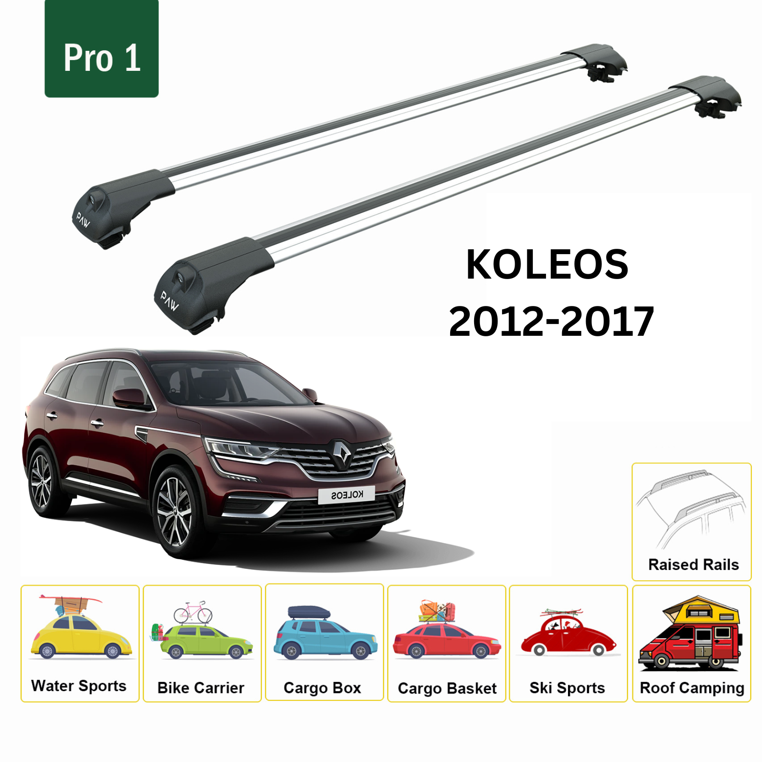 For Renault Koleos 2012-2017 Roof Rack System, Aluminium Cross Bar, Metal Bracket, Normal Roof, Silver