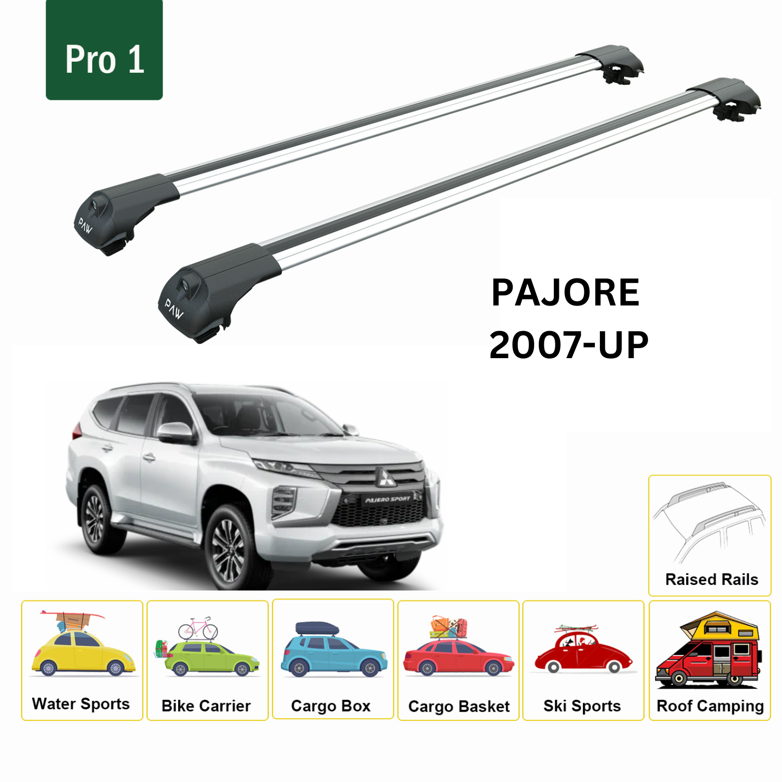 For Mitsubishi Pajero 2007-Up Roof Rack Cross Bars Raised Rail Alu Silver - 0