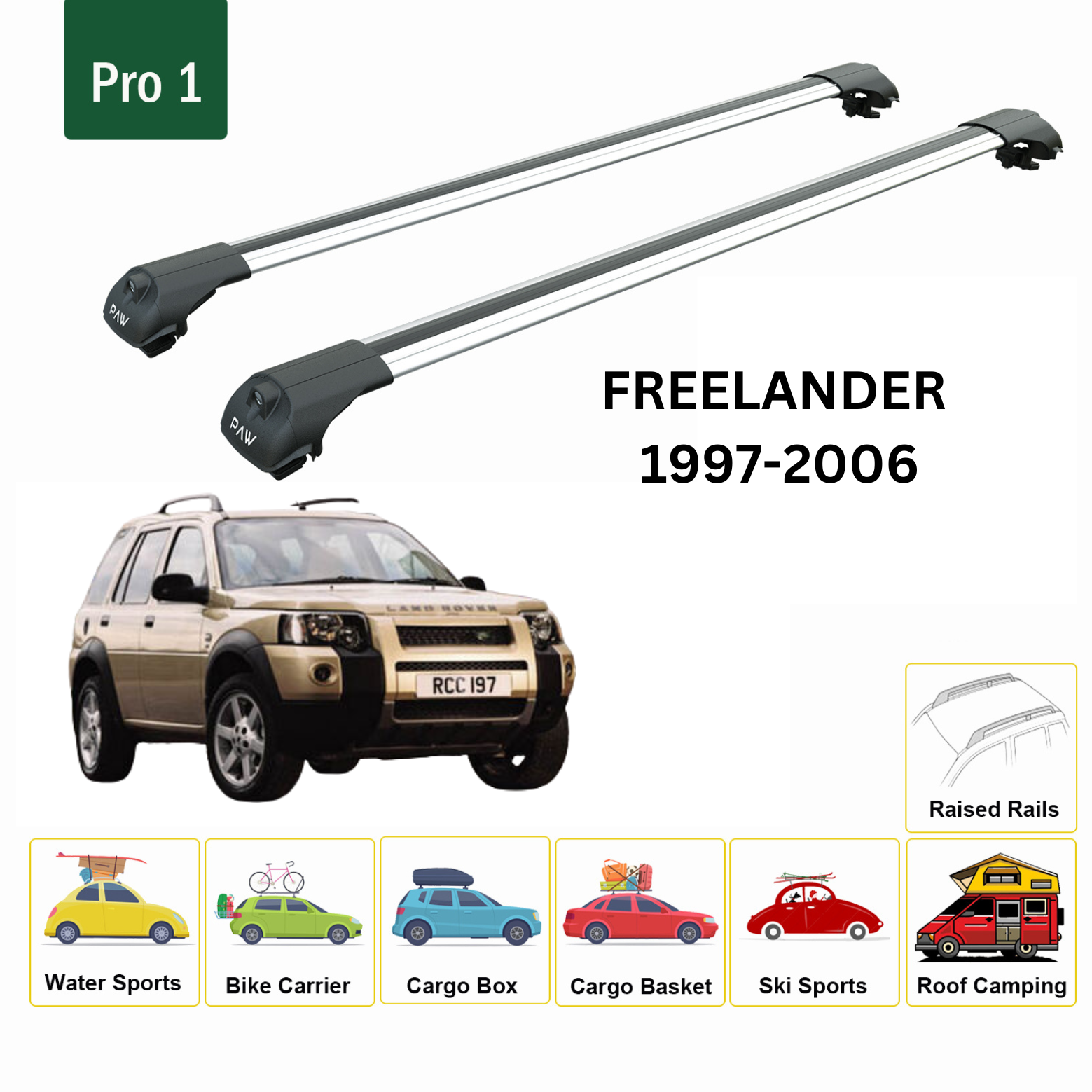 For Land Rover Freelander (L314) 1997-06 Roof Rack Cross Bars Raised Rail Alu Silver - 0