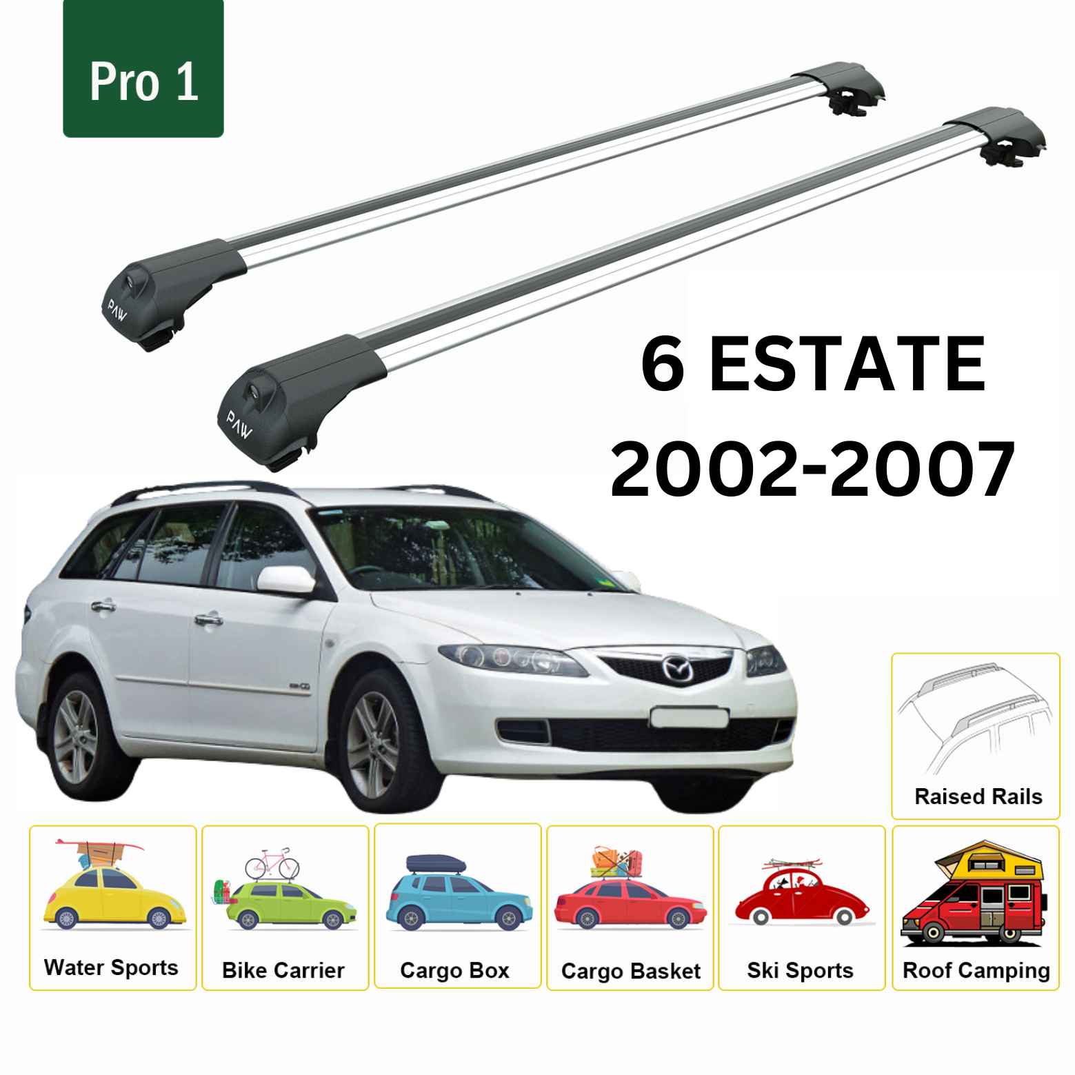 For Mazda 6 Estate 2002-07 Roof Rack Cross Bars Raised Rail Alu Silver