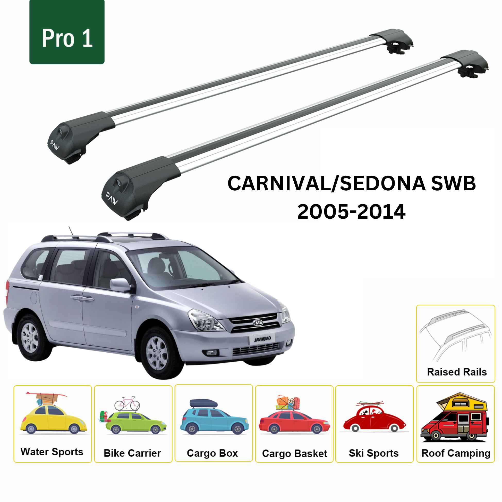 For KIA Carnival/Sedona SWB 2005-14 Roof Rack Cross Bars Raised Rail Alu Silver - 0