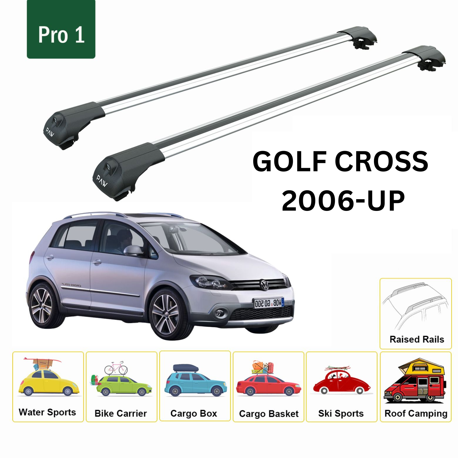For Volkswagen Golf Cross 2006-Up Roof Rack Cross Bar Raised Rail Alu Silver - 0