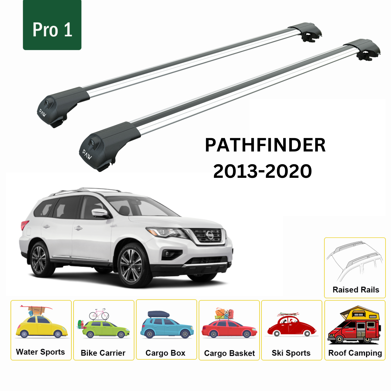 For Nissan Pathfinder 2013-20 Roof Rack Cross Bars Metal Bracket Raised Rail Alu Silver - 0