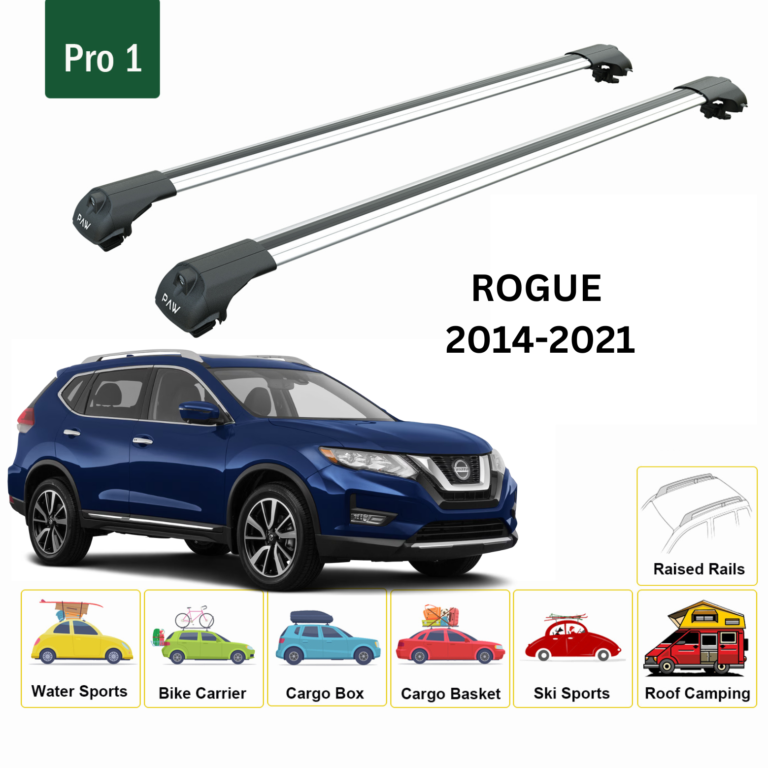 For Nissan Rogue Sport One 2014-21 Roof Rack Cross Bars Metal Bracket Raised Rail Alu Silver - 0