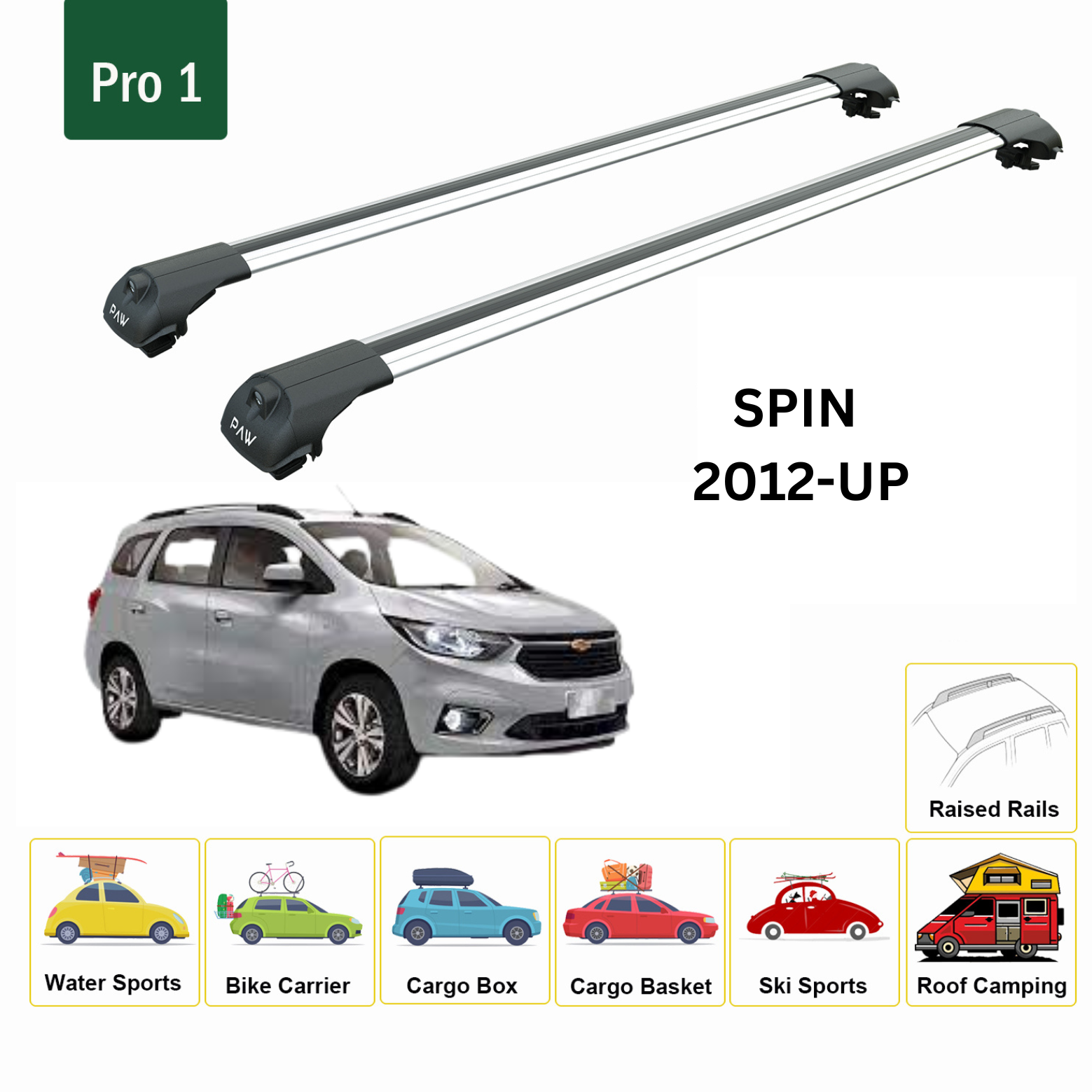 For Chevrolet Spin 2008-Up Roof Rack Cross Bars Metal Bracket Raised Rail Alu Silver