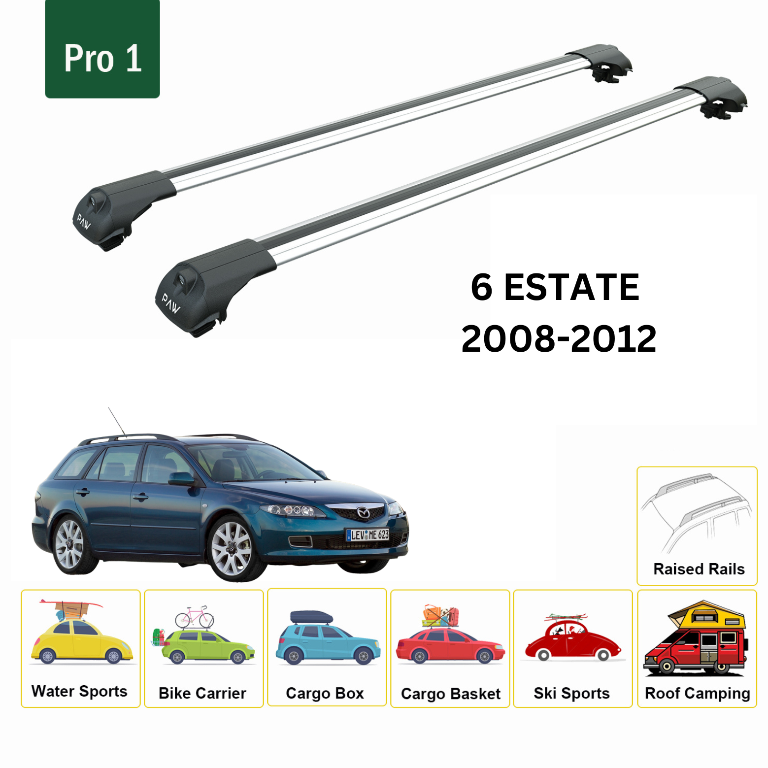 For Mazda 6 Estate 2008-12 Roof Rack Cross Bars Metal Bracket Raised Rail Alu Silver