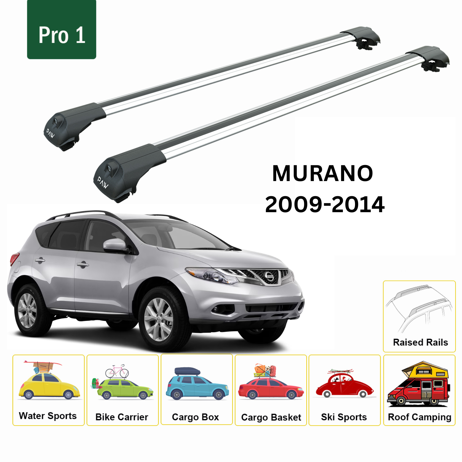 For Nissan Murano 2009-14 Roof Rack Cross Bars Metal Bracket Raised Rail Silver - 0