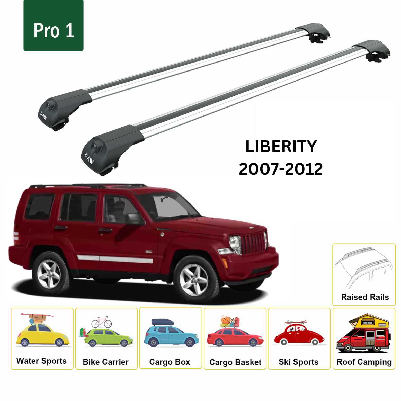 For Jeep Liberty 2007-12 Roof Rack Cross Bars Raised Rail Alu Silver - 0