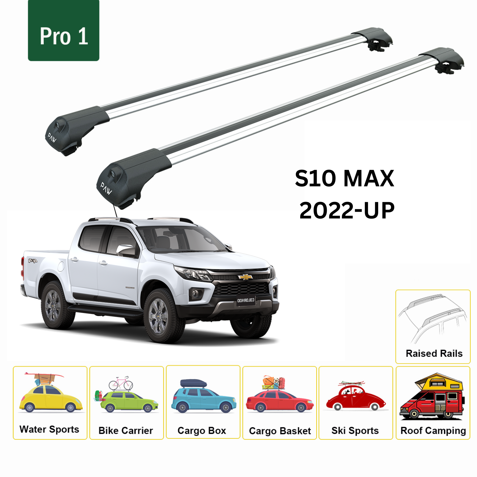 For Chevrolet S10 Max 2022-Up Roof Rack Cross Bars Metal Bracket Raised Rail Alu Silver - 0
