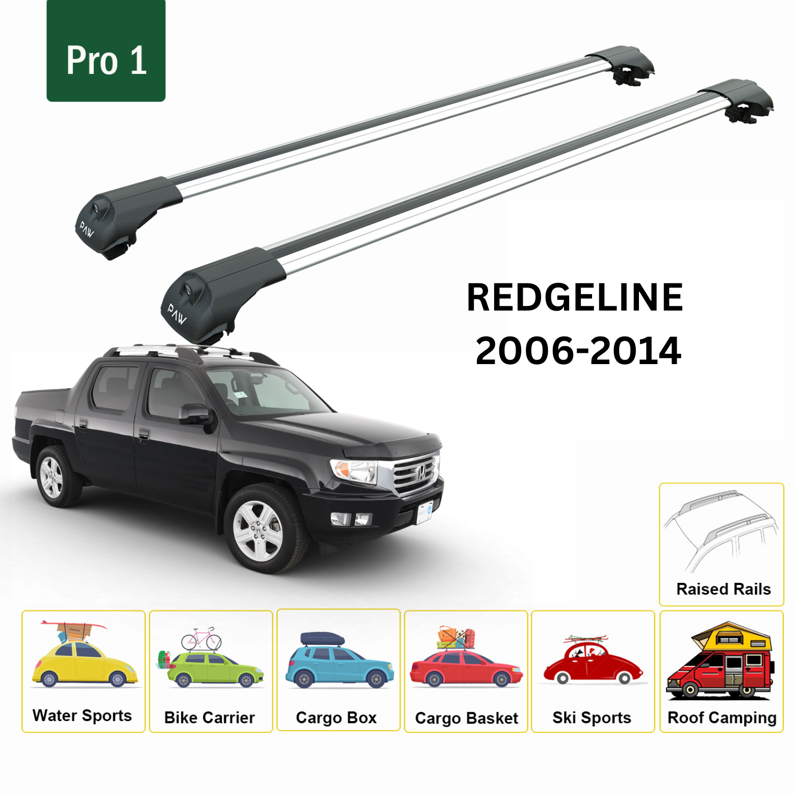 For Honda Ridgeline 2006-14 Roof Rack Cross Bars Metal Bracket Raised Rail Alu Silver-2