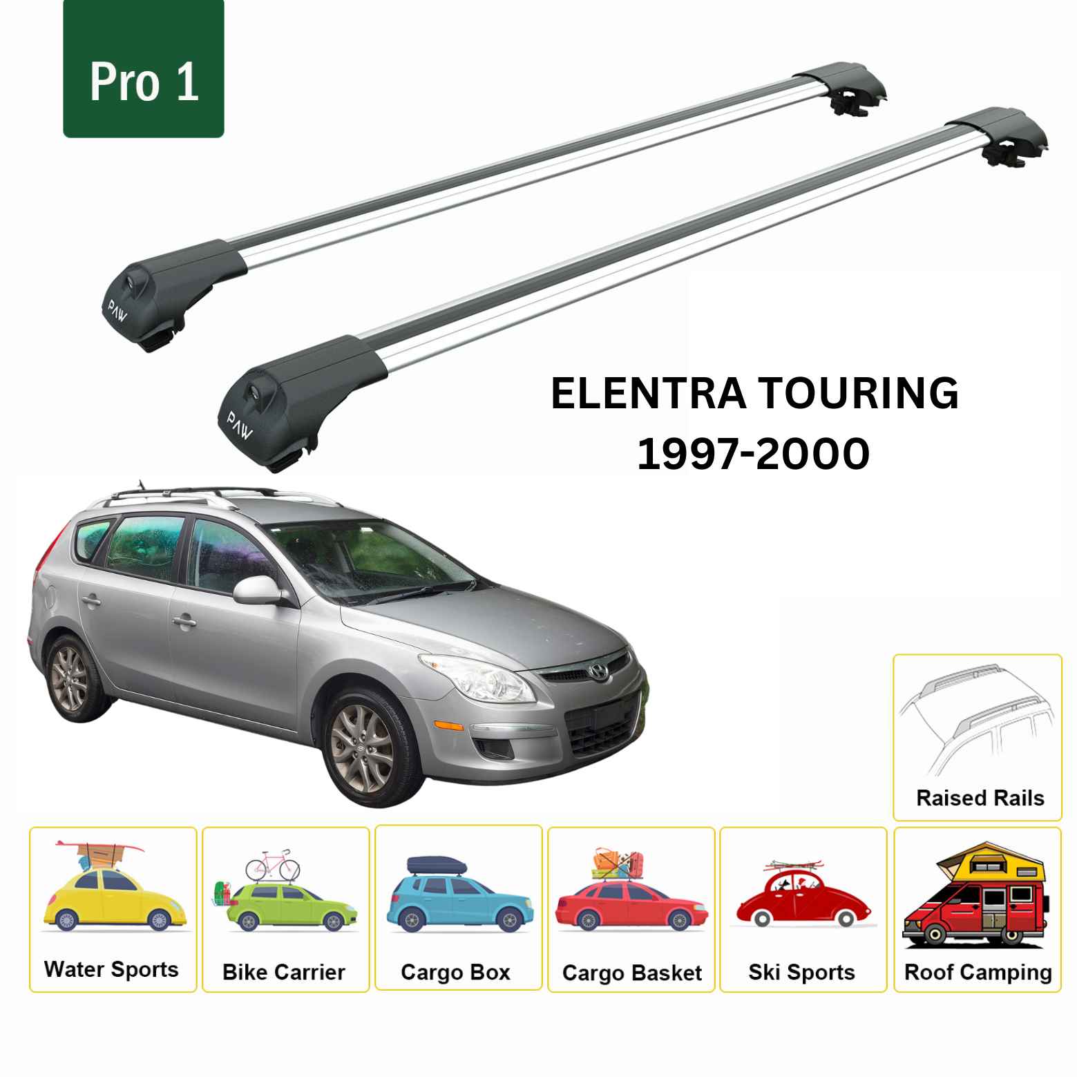 For Hyundai Elantra Touring 1997-2000 Roof Rack Cross Bars Raised Rail Alu Silver