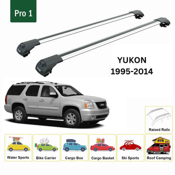 For GMC Yukon (1995-2014) Roof Rack Cross Bars Raised Rail, Silver - 0