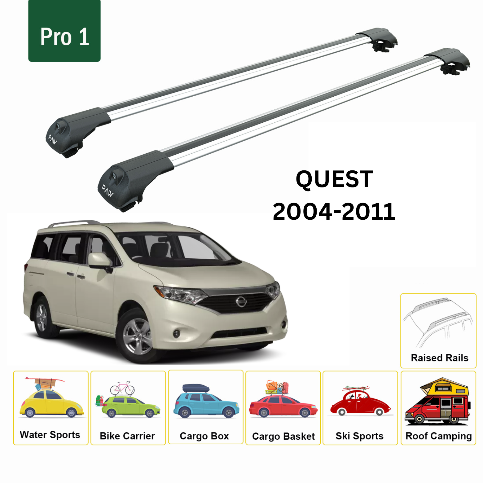 For Nissan Quest 2004-11 Roof Rack Cross Bars Metal Bracket Raised Rail Alu Silver
