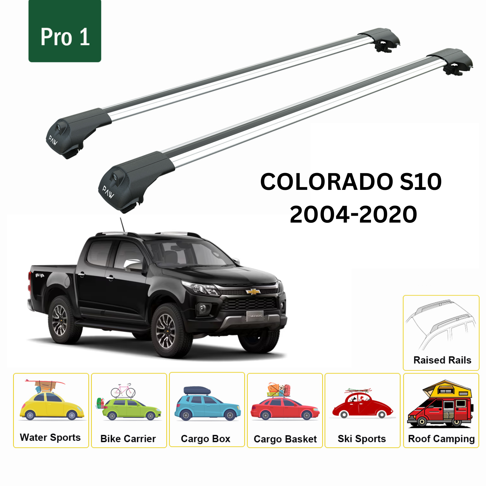 For Chevrolet Colorado S10 2004-2020 Roof Rack Cross Bars Metal Bracket Raised Rail Alu Silver - 0