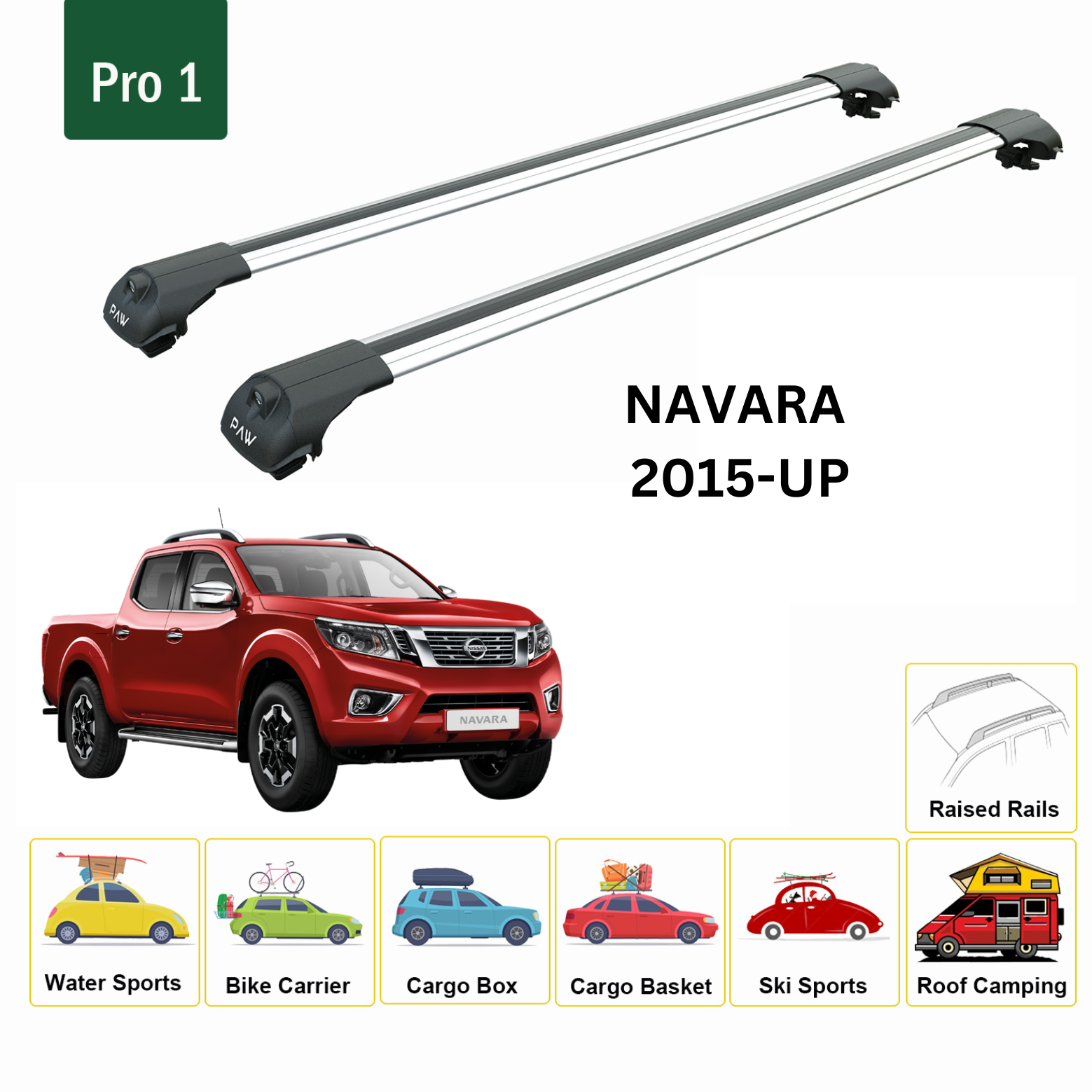 For Nissan Navara NP300 2015-Up Roof Rack Cross Bars Metal Bracket Raised Rail Alu Silver