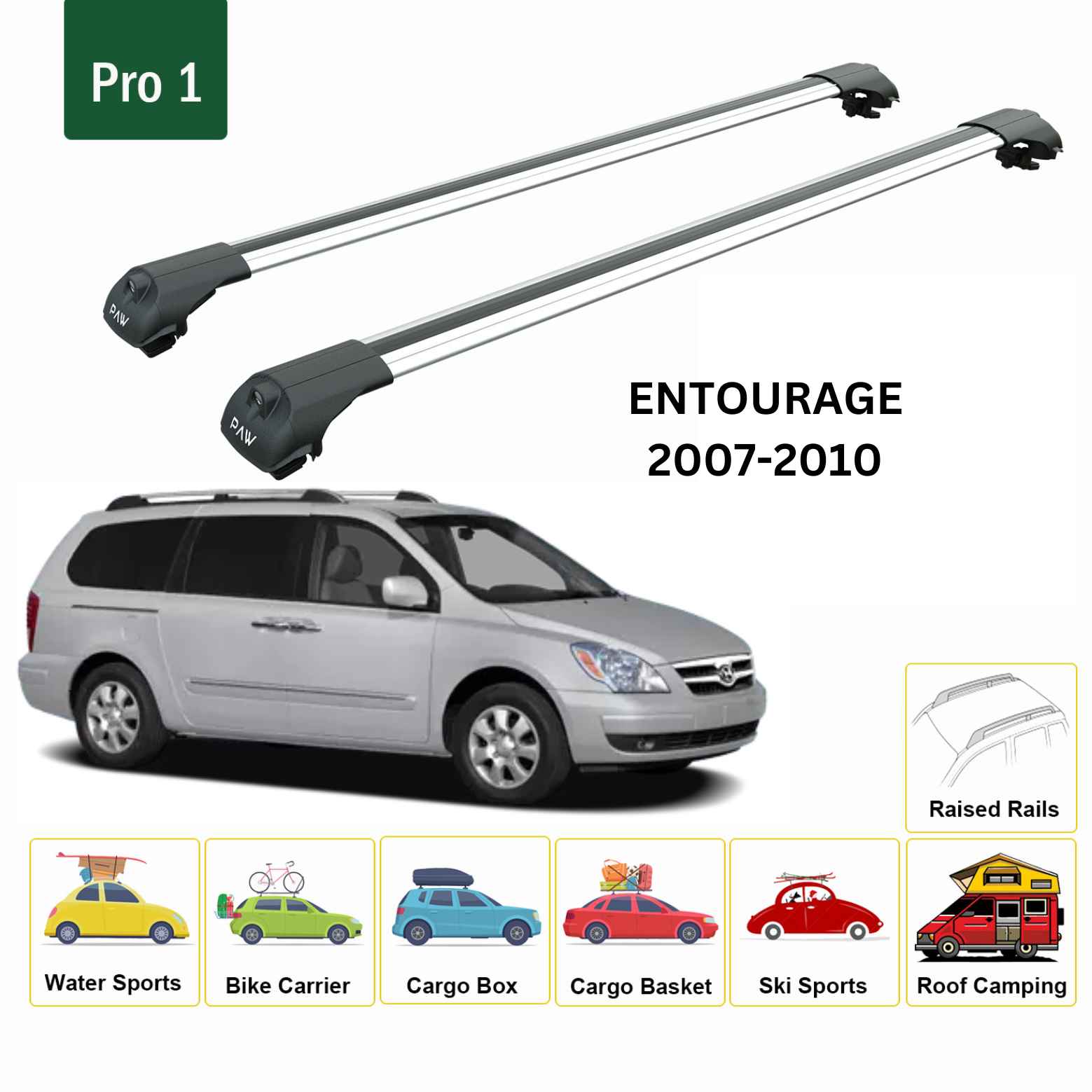 For Hyundai Entourage 2007-10 Roof Rack Cross Bars Raised Rail Alu Silver - 0