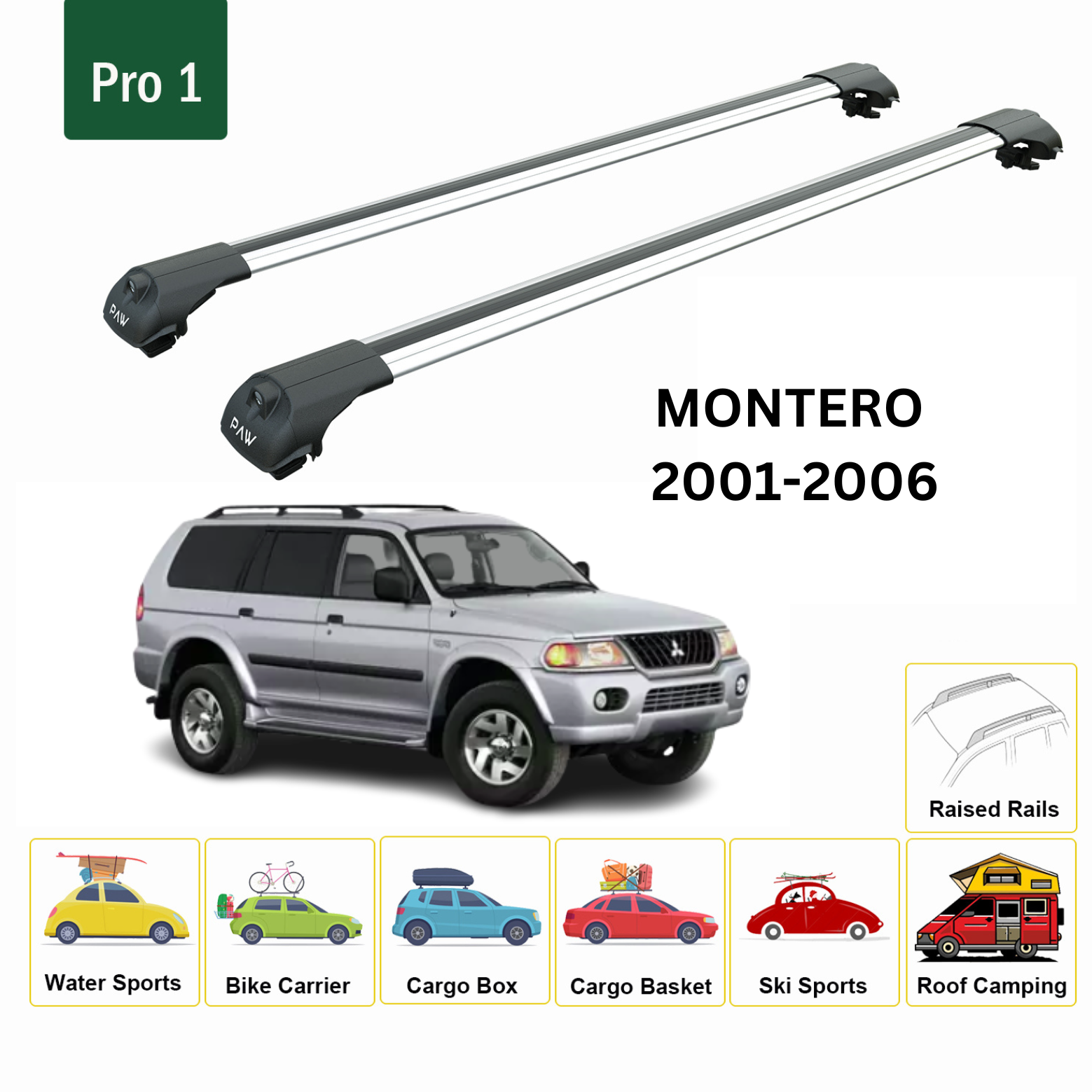 For Mitsubishi Montero Sport 2001-06 Roof Rack Cross Bars Raised Rail Alu Silver