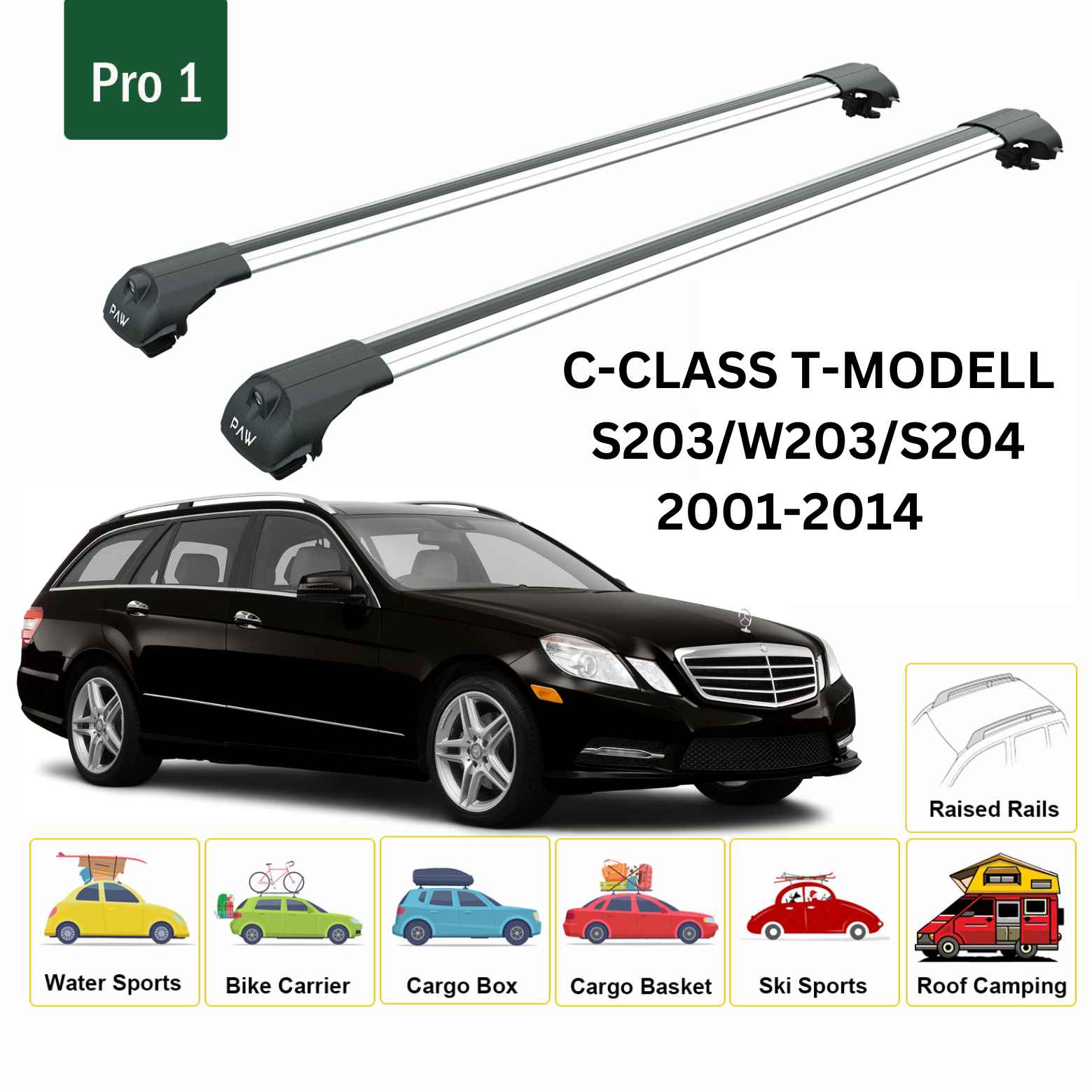 For Mercedes Benz C T-Modell S203/04/W203 2001-14 Roof Rack Cross Bars Raised Rail Alu Silver
