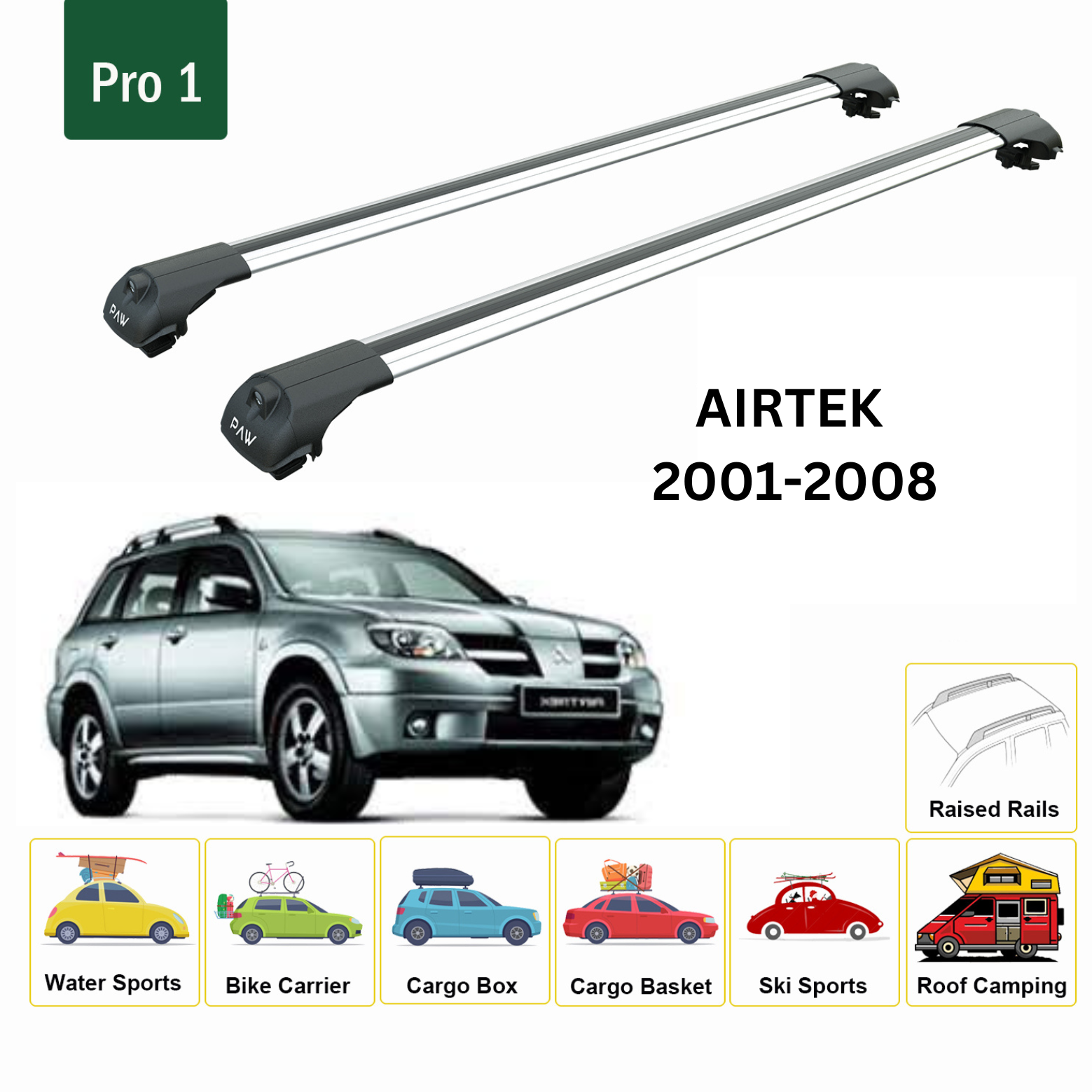 For Mitsubishi Airtrek 2001-08 Roof Rack Cross Bars Metal Bracket Raised Rail Alu Silver-2