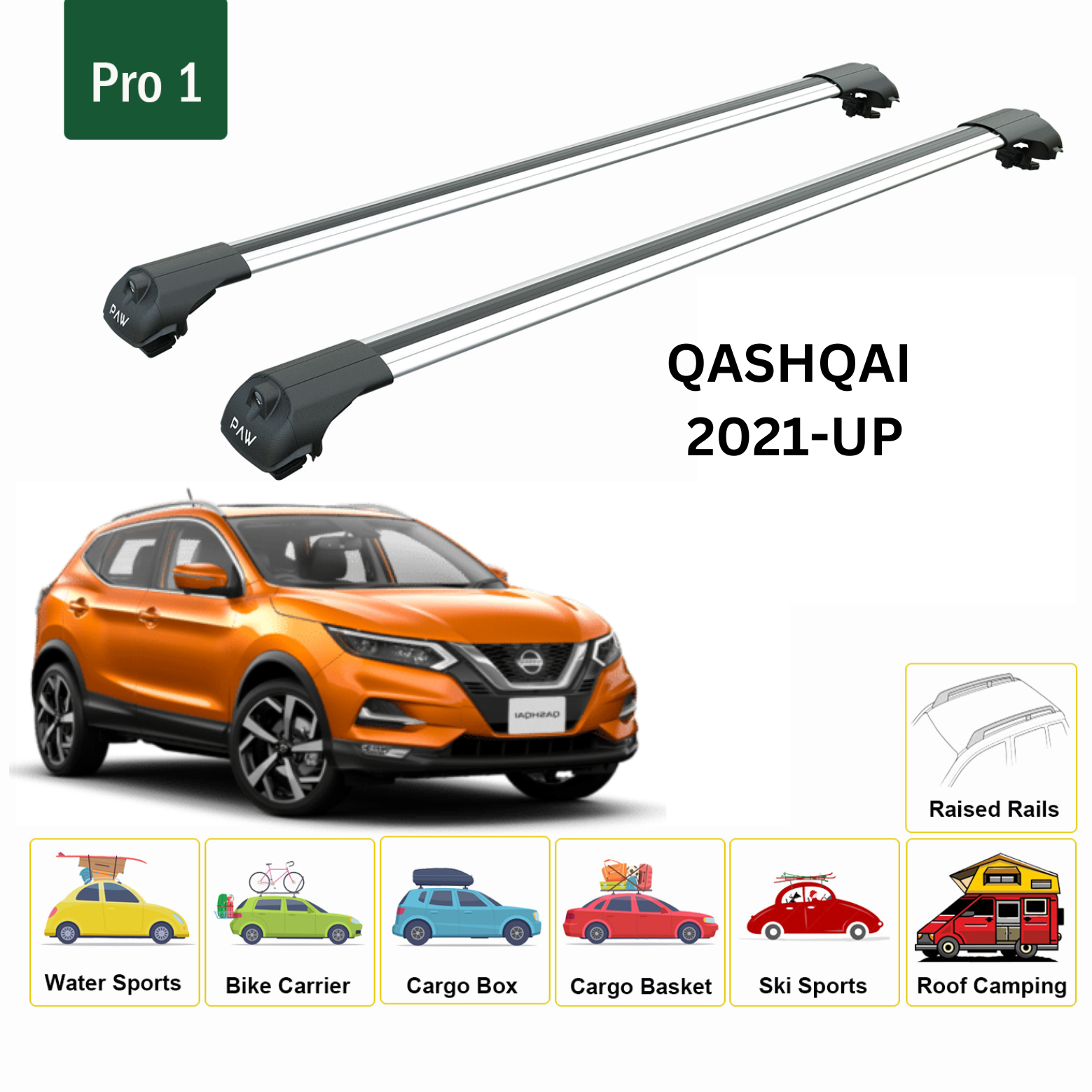 For Nissan Qashqai J12 2021-Up Roof Rack Cross Bars Metal Bracket Raised Rail Alu Silver