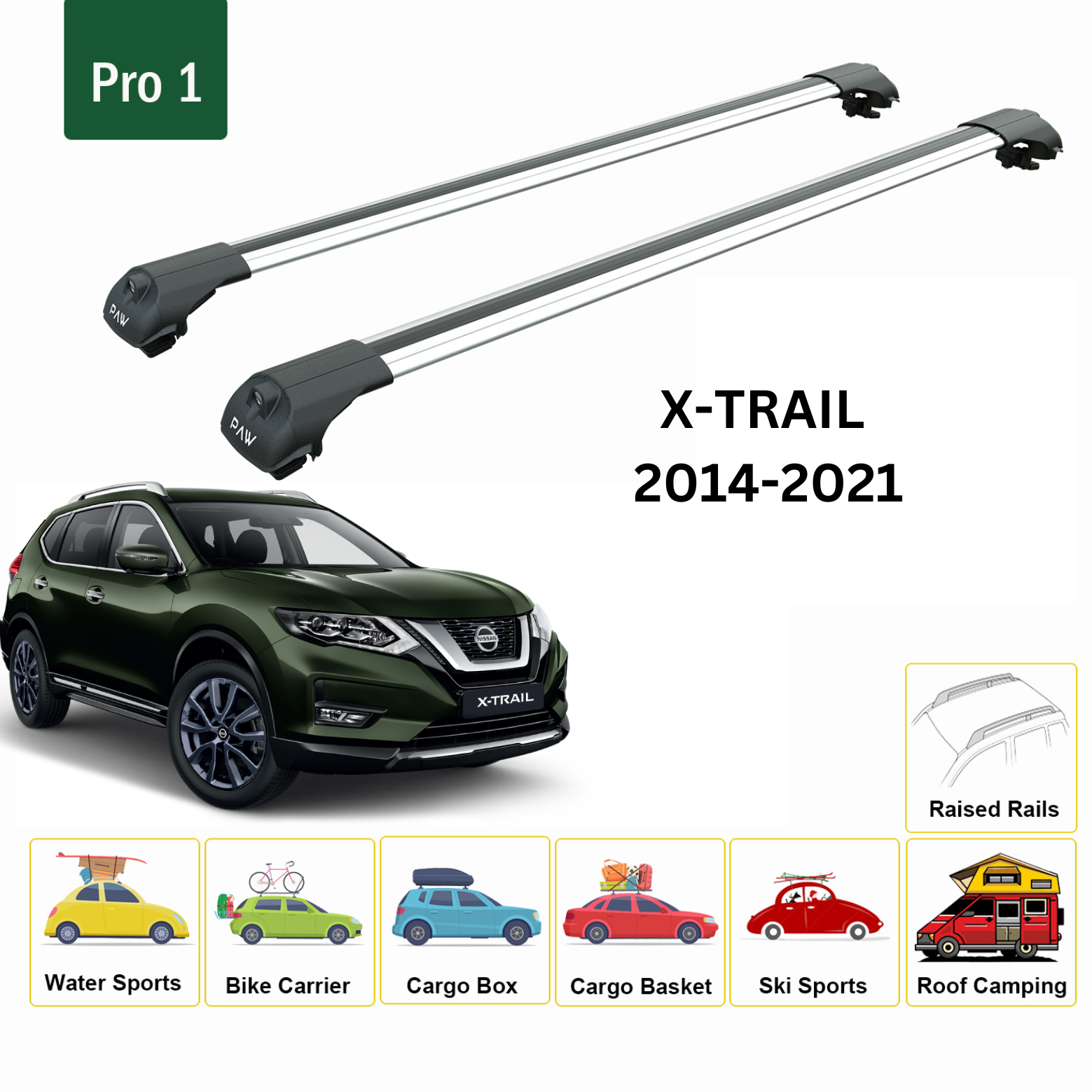 For Nissan X-Trail T32 Roof Rack Cross Bar Metal Bracket Raised Rail Alu Silver 2014-21 - 0