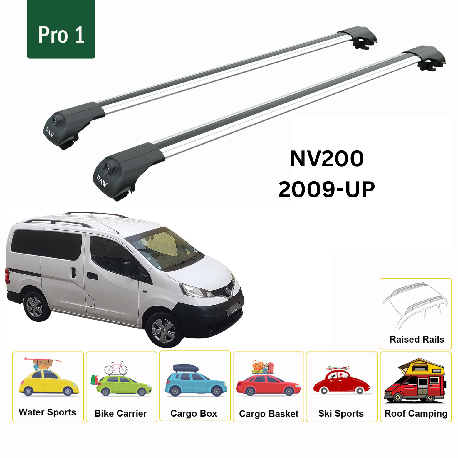For Nissan NV200 2009-Up Roof Rack Cross Bars Raised Rail Silver - 0