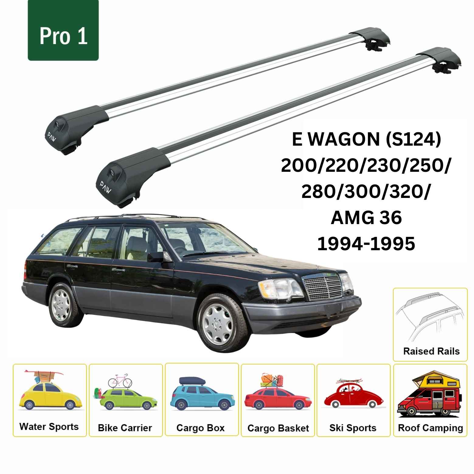 For Mercedes E Wagon S124 1994-95 Roof Rack Cross Bars Raised Rail Alu Silver - 0