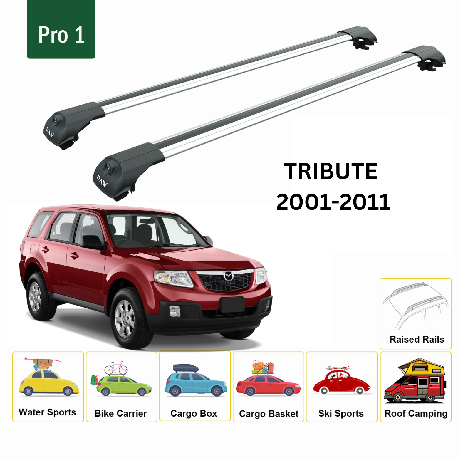 Für Mazda Tribute 2001–2007, Dachträgersystem, Träger, Querträger, Aluminium, abschließbar, hochwertige Metallhalterung, silberfarben - 0