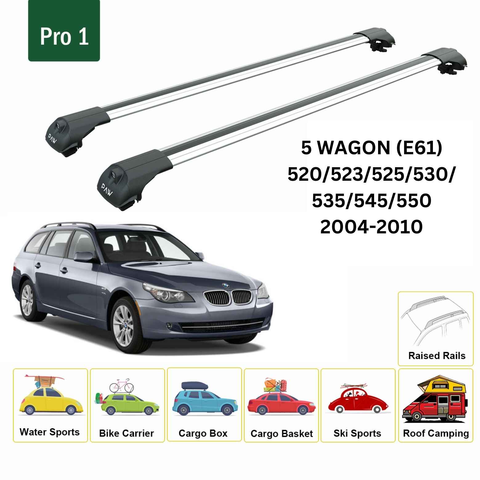 Für Bmw 5 Series E61 Wagon 2004–2010 Dachträgersystem, Aluminium-Querstange, Metallhalterung, erhöhte Schiene, Silber