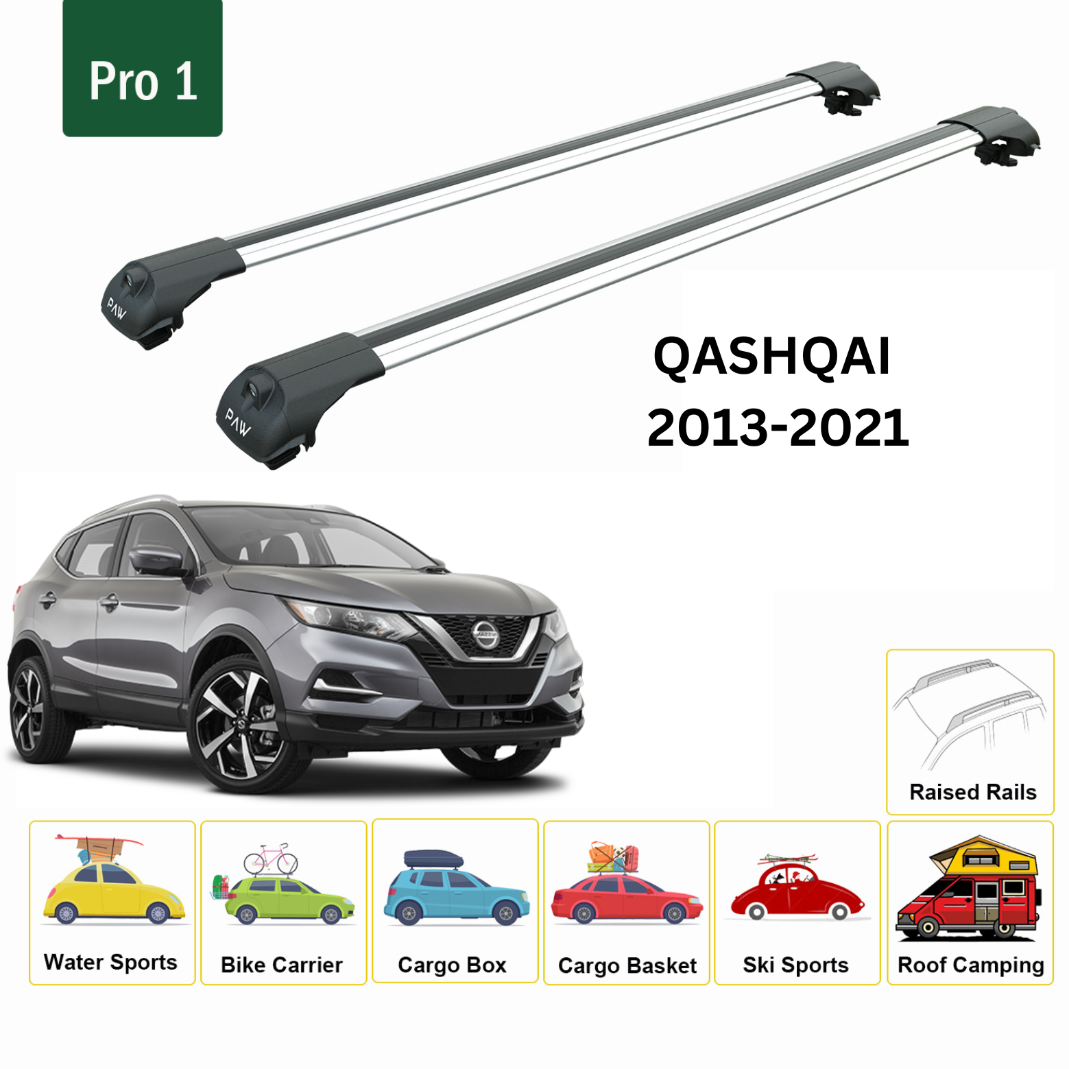 For Nissan Qashqai J11 2013-21 Roof Rack Cross Bars Metal Bracket Raised Rail Alu Silver