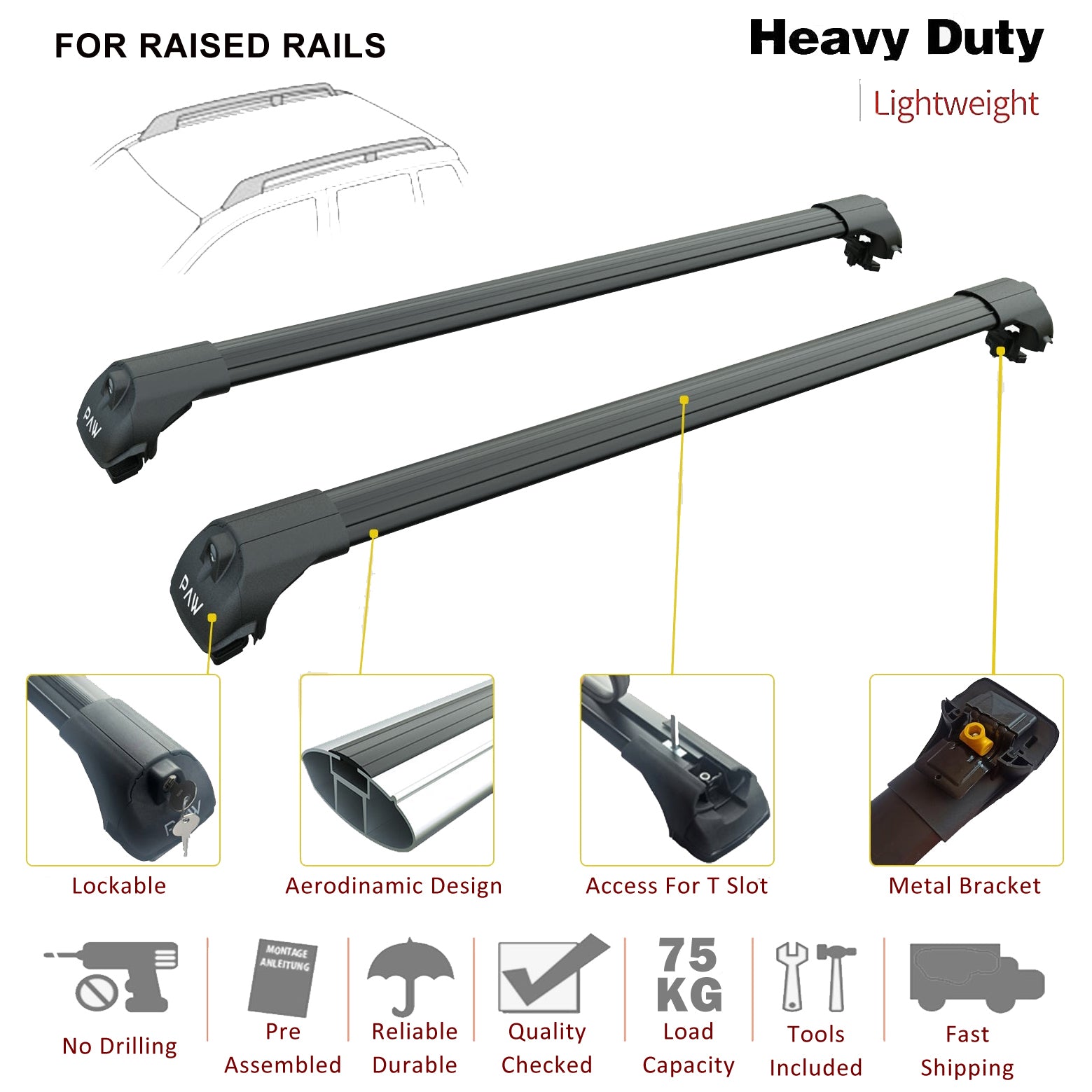 For RAM ProMaster City 2015-Up Roof Side Rails and Roof Rack Cross Bars Alu Black-5