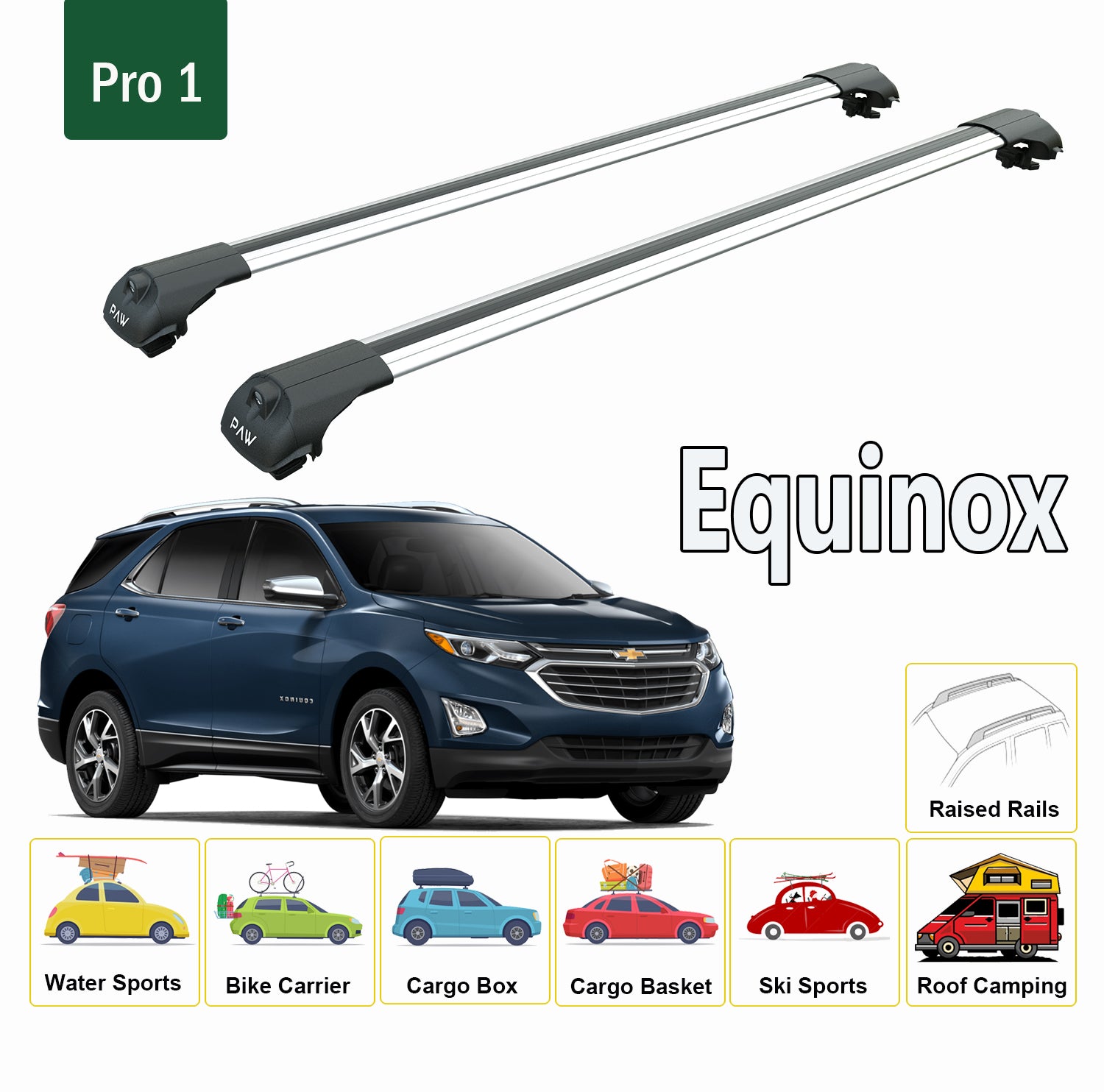 For Chevrolet Equinox 2010-Up Roof Rack System, Aluminium Cross Bar, Metal Bracket, Raised Rail, Silver