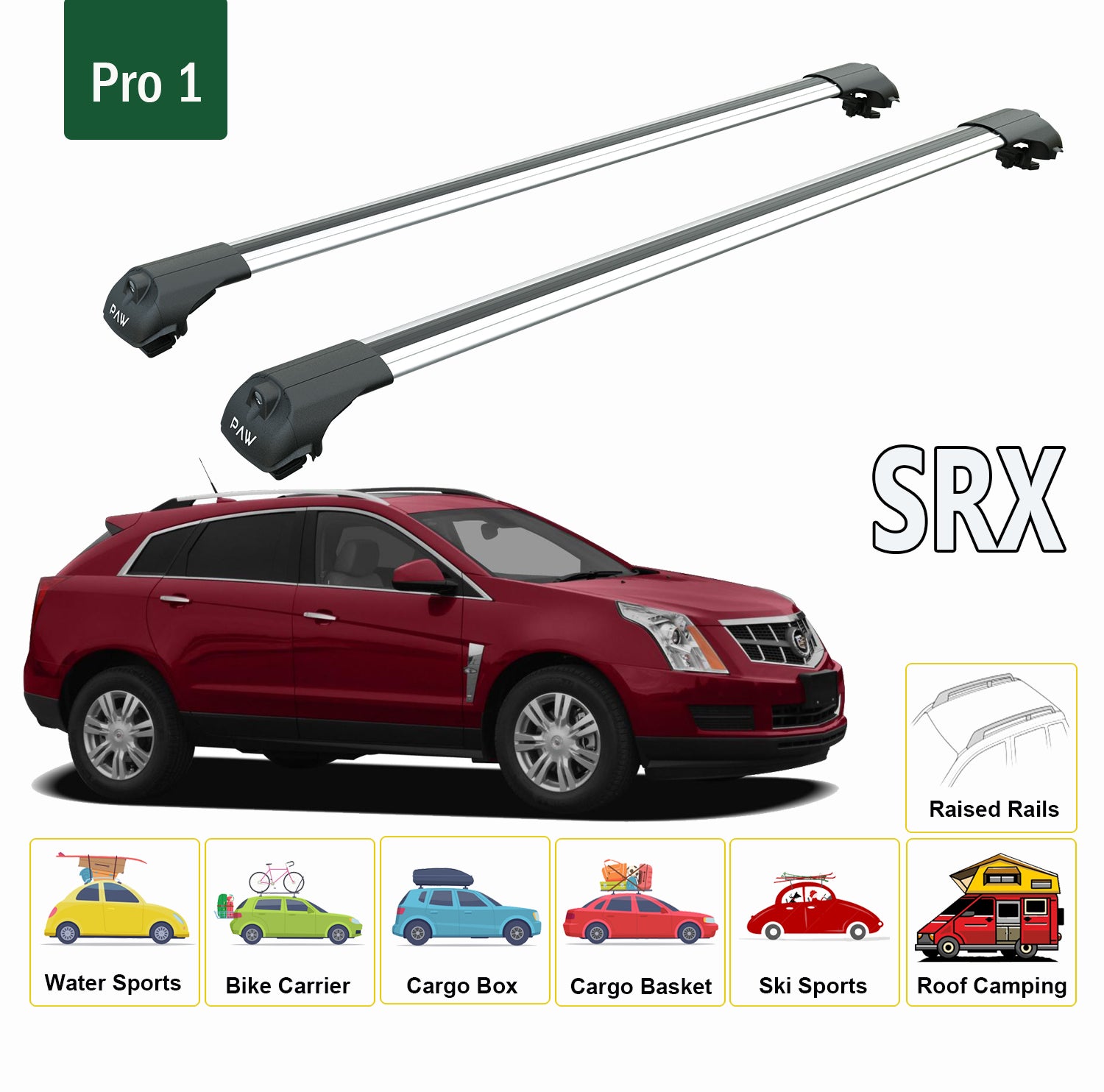For Cadillac SRX 2004-2016 Roof Rack System, Aluminium Cross Bar, Metal Bracket, Raised Rail, Black