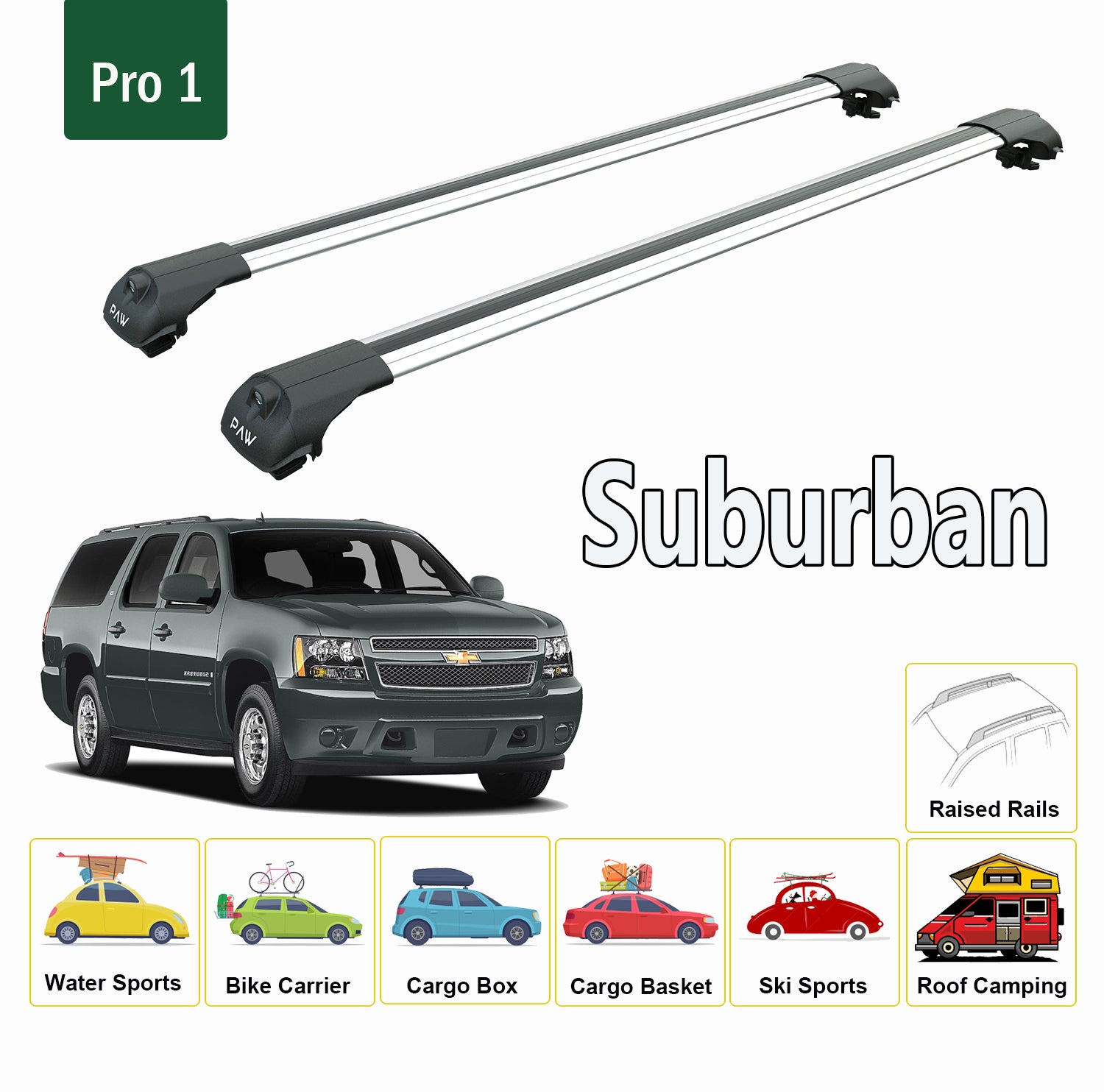 For Chevrolet Suburban 2000-2020 Roof Rack Cross Bars Metal Bracket Raised Rail Alu Black - 0