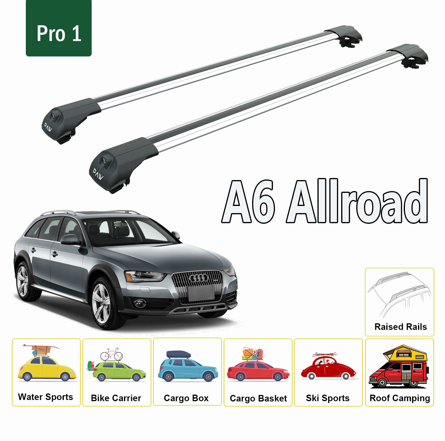 Für Audi A6 C7 Allroad 2012–2018 Dachträgersystem, Aluminium-Querstange, Metallhalterung, erhöhte Schiene, Silber