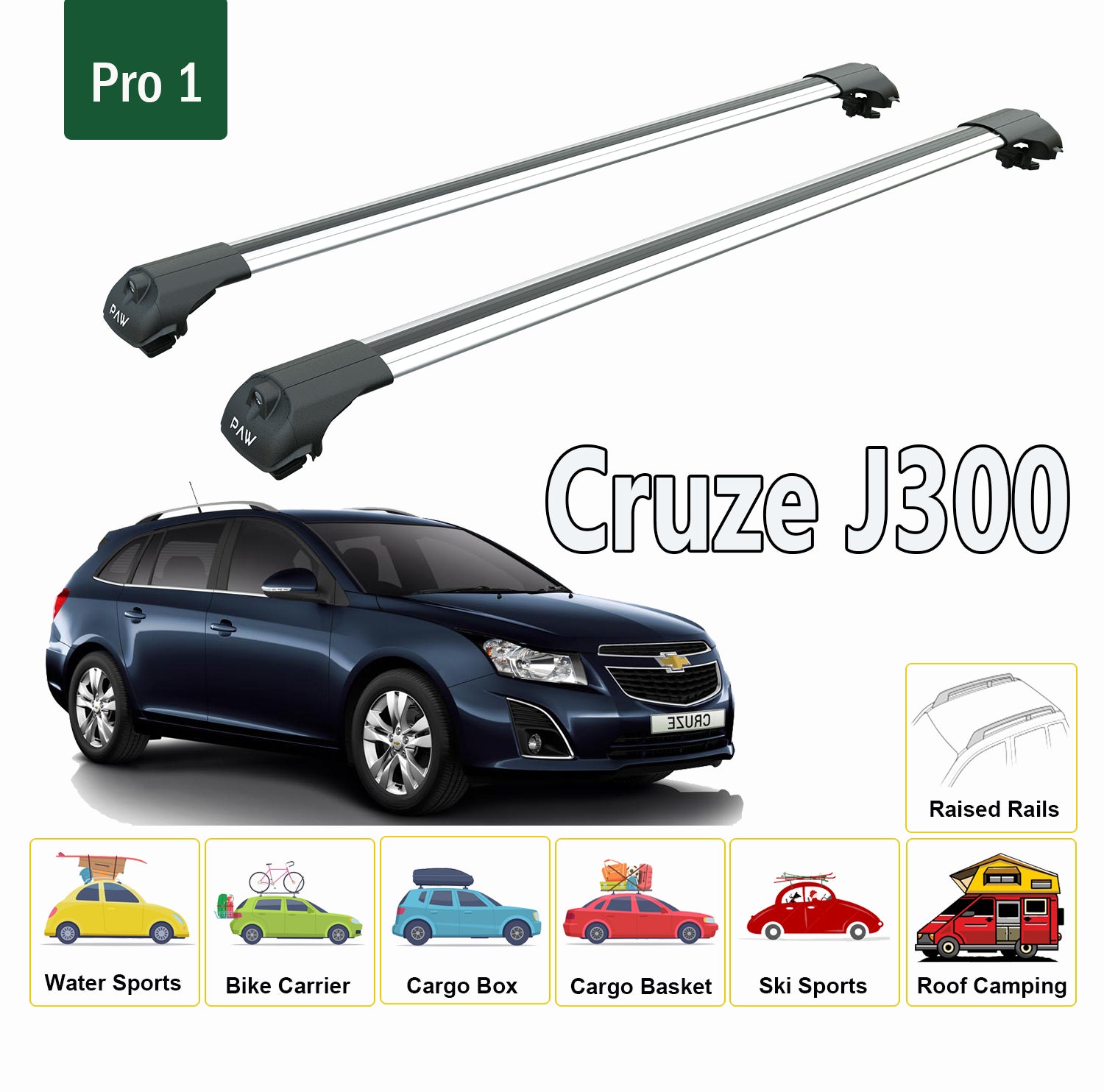 For Chevrolet Cruze Wagon 2012-Up Roof Rack Cross Bars Metal Bracket Raised Rail Alu Black - 0