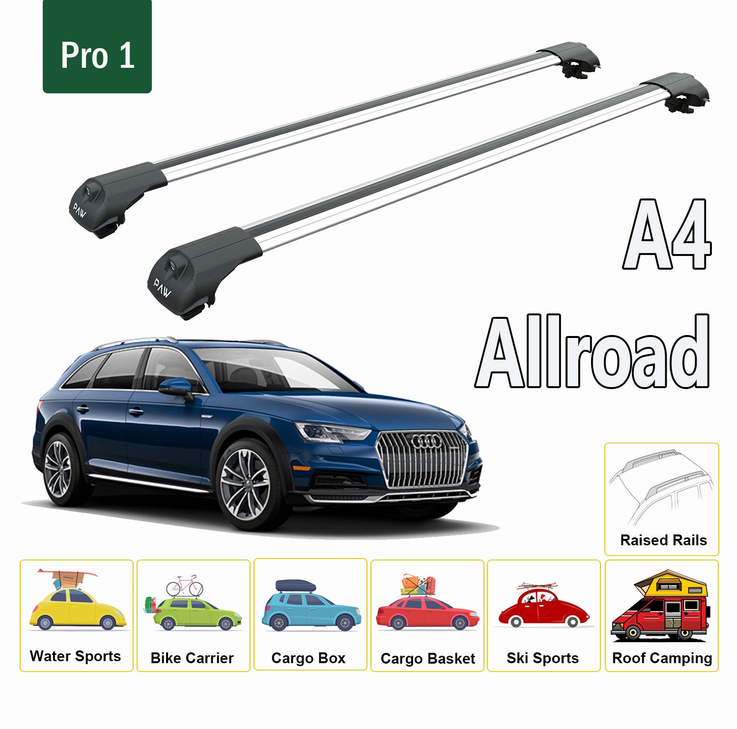 For Audi A4/S4 Allroad B9 2017-Up Roof Rack Cross Bars Raised Rail Alu Silver - 0