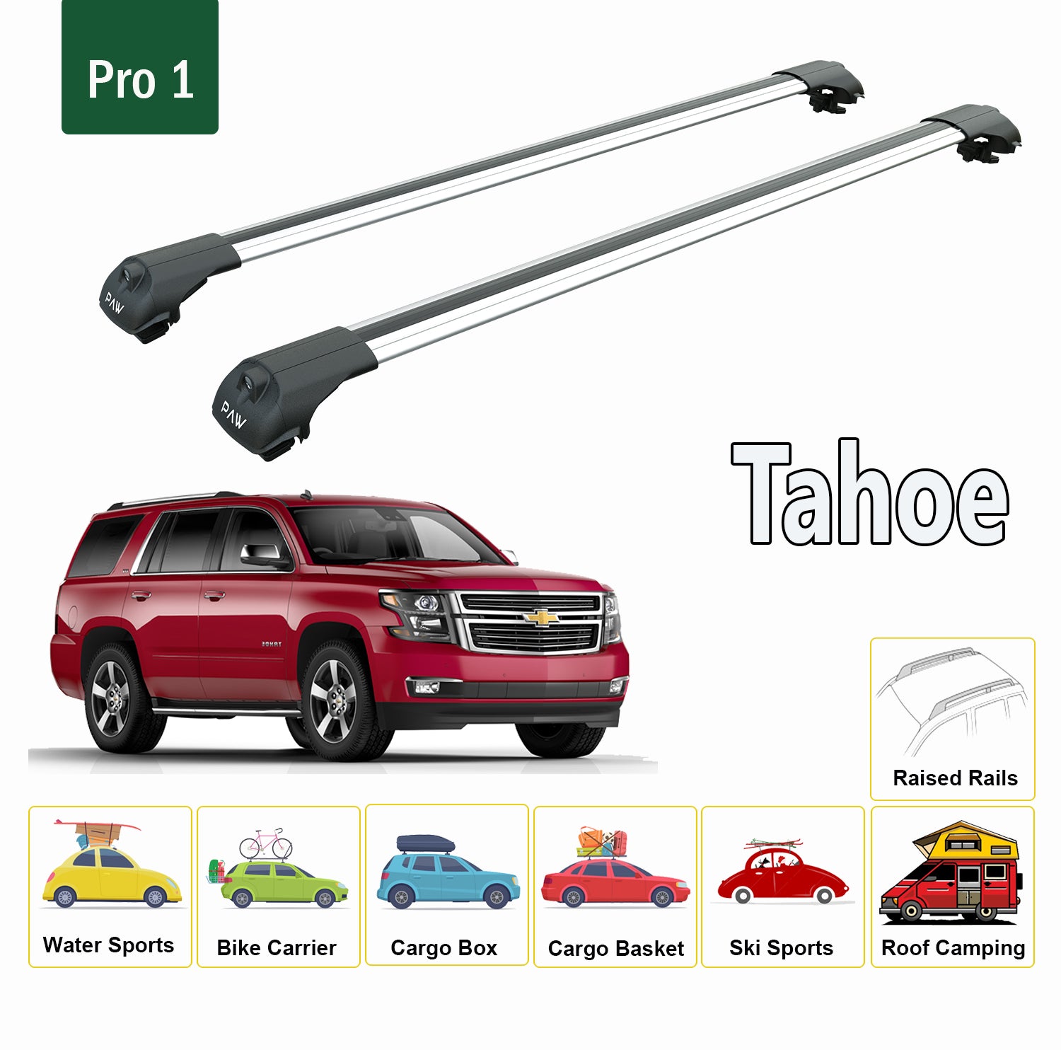 For Chevrolet Tahoe 1992-2014 Roof Rack Cross Bars Metal Bracket Raised Rail Alu Silver - 0