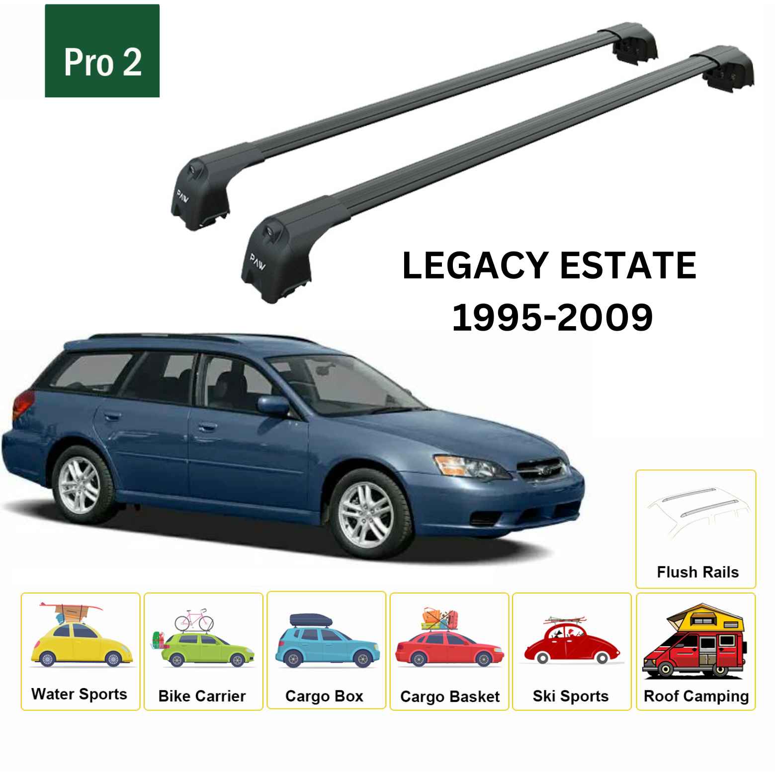 For Subaru Legacy Estate/Wagon 2003-09 Roof Rack Cross Bars Flush Rail Alu Black Type 2 - 0
