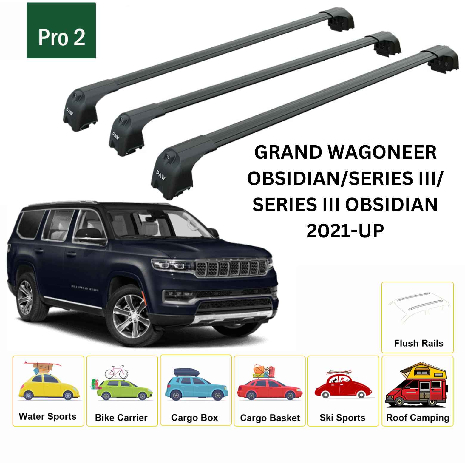 For Jeep Grand Wagoneer 2021-Up Roof Rack Cross Bars Flush Rail Alu Black - 0