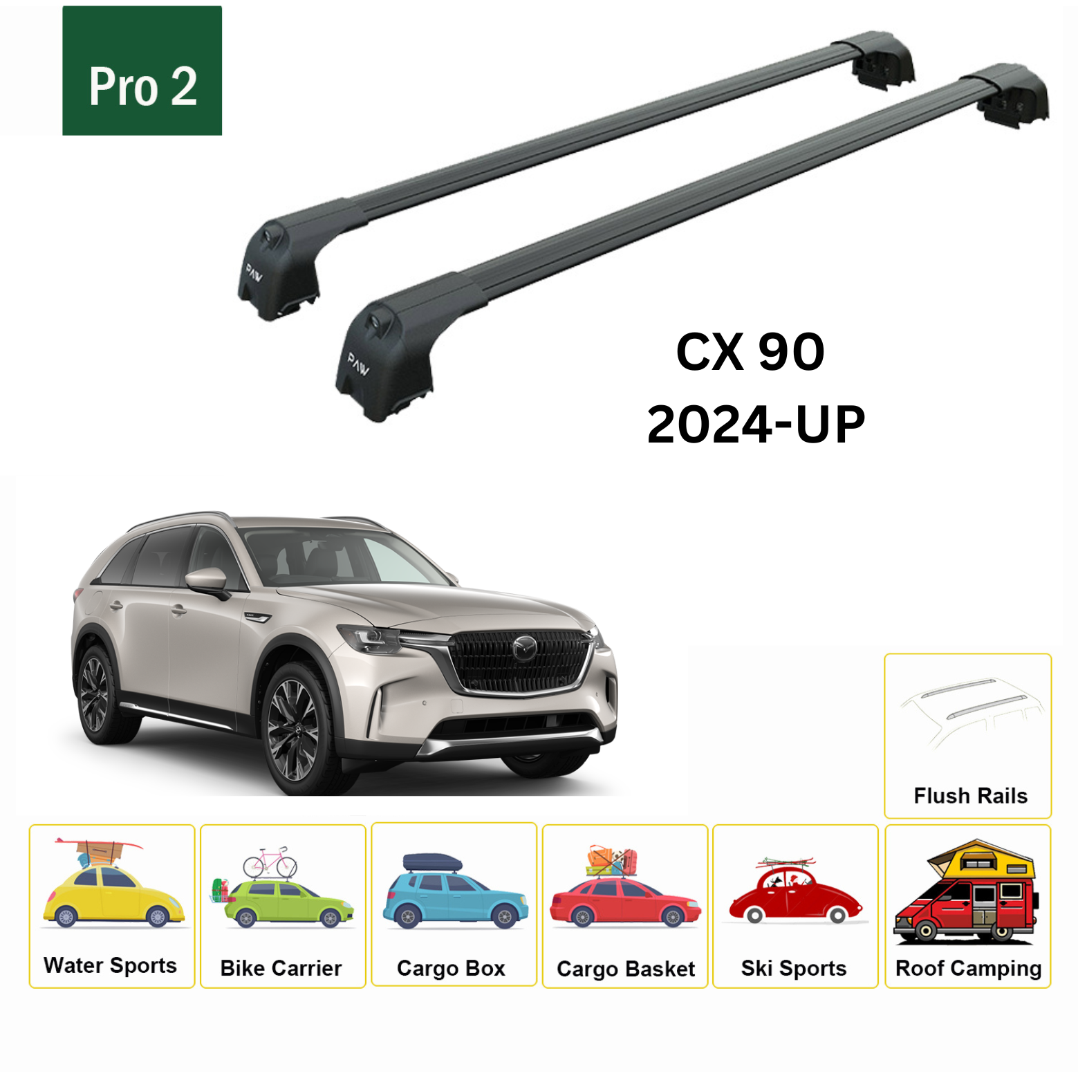 For Mazda CX 90 2024-Up Roof Rack Cross Bars Flush Rail Alu Black - 0
