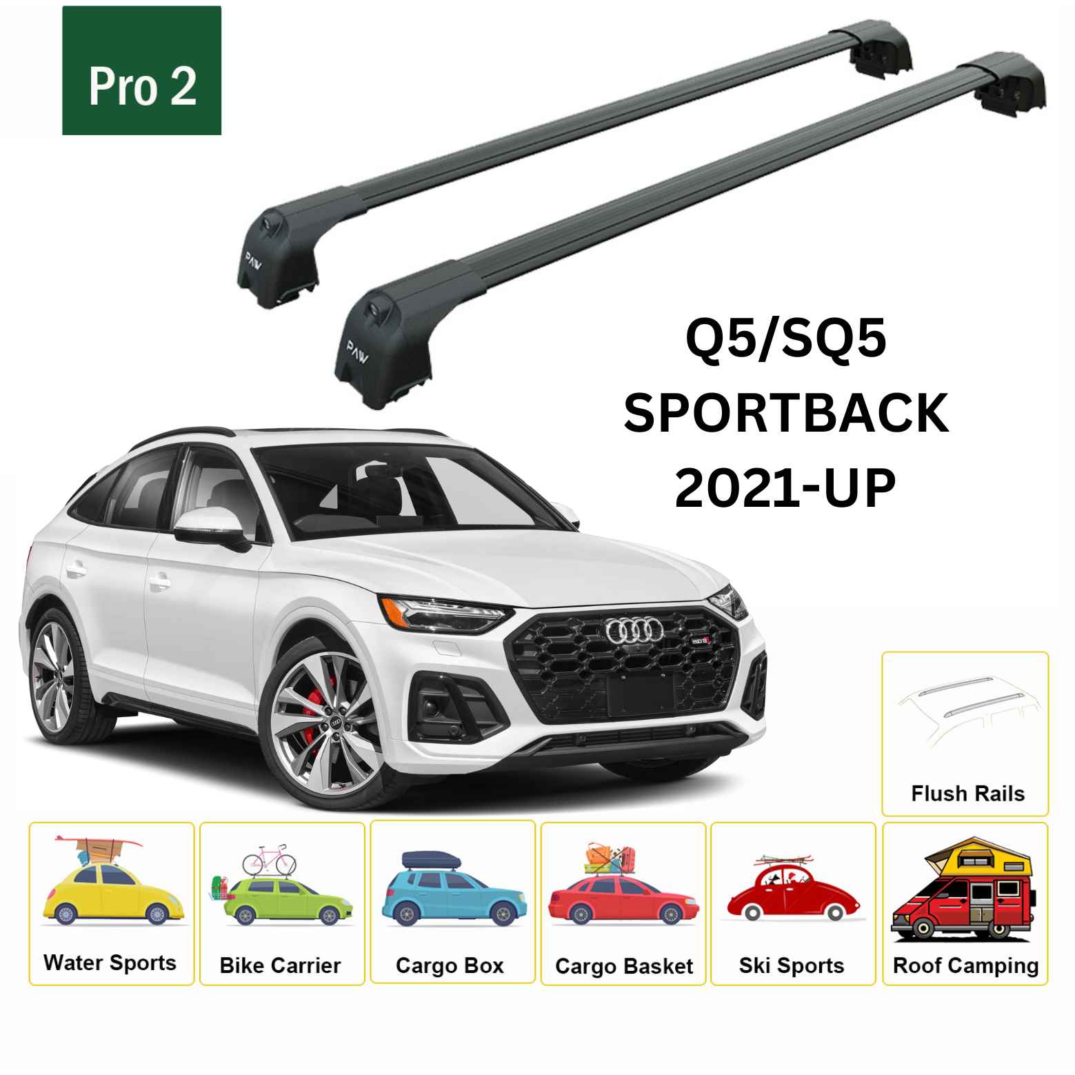 For Audi Q5/SQ5 Sportback 2021-Up Roof Rack Cross Bars Flush Rails Alu Black - 0