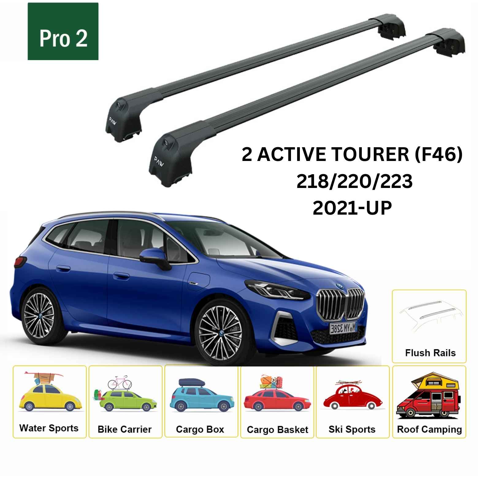 For BMW 2 Active Tourer (F46) 2021-Up Roof Rack Cross Bars Flush Rail Alu Black - 0