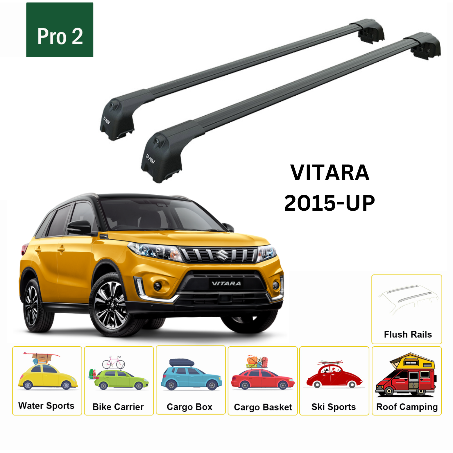 For Suzuki Vitara 2015-Up Roof Rack Cross Bars Metal Bracket Flush Rail Alu Black