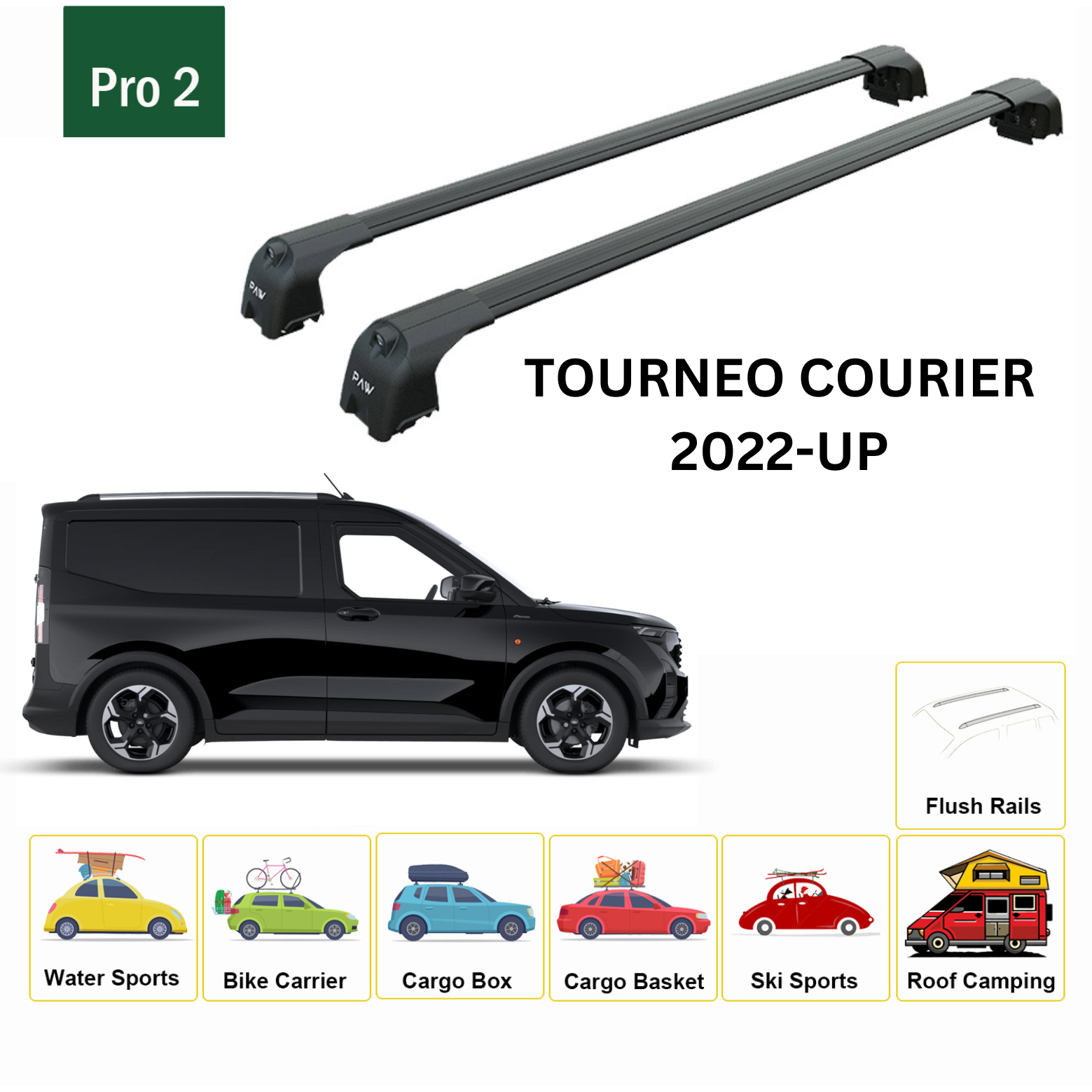 For Ford Tourneo Courier 2022-Up Roof Rack Cross Bars Flush Rail Alu Black - 0