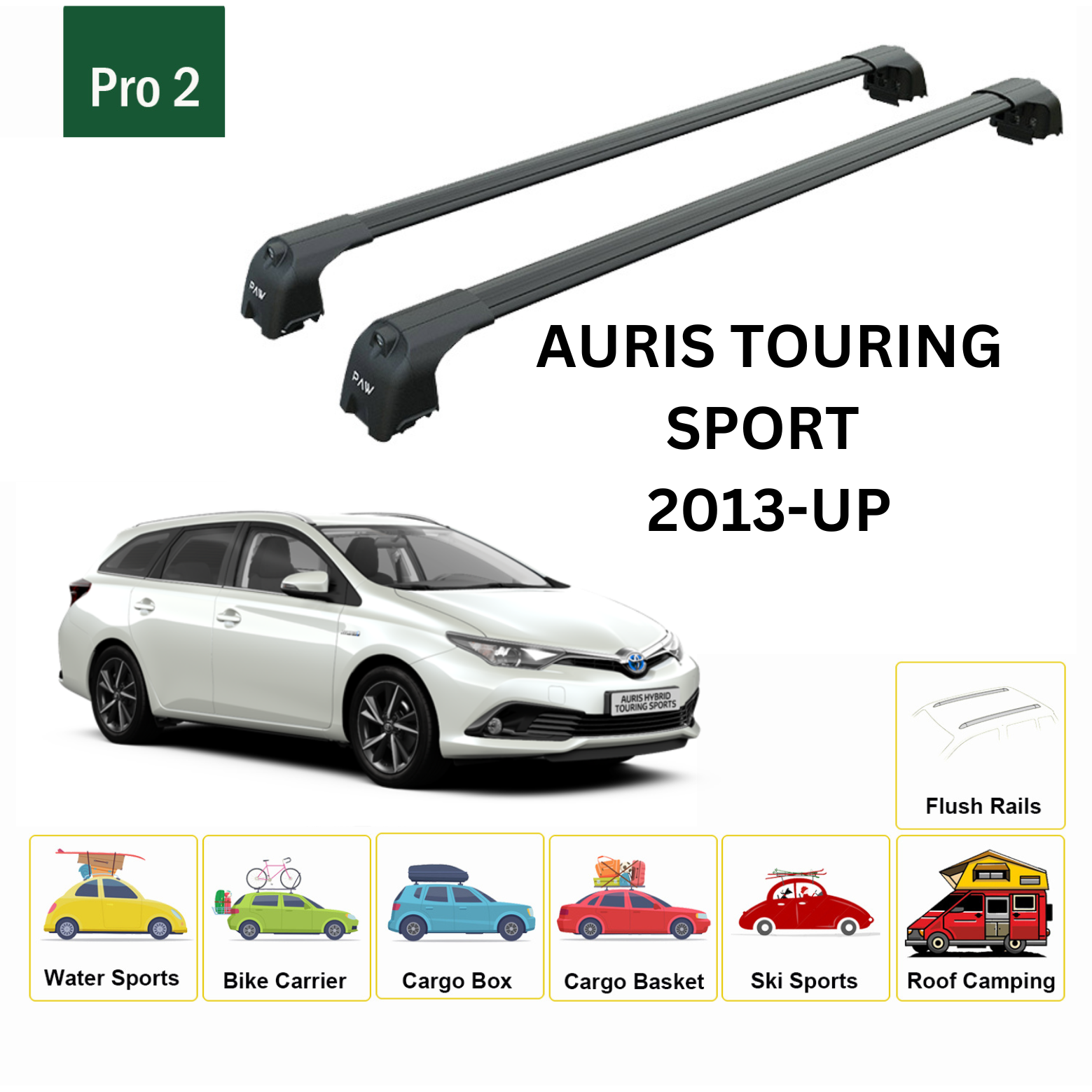 For Toyota Auris TouringSport 2013-Up Roof Rack Cross Bars Flush Rail Alu Black