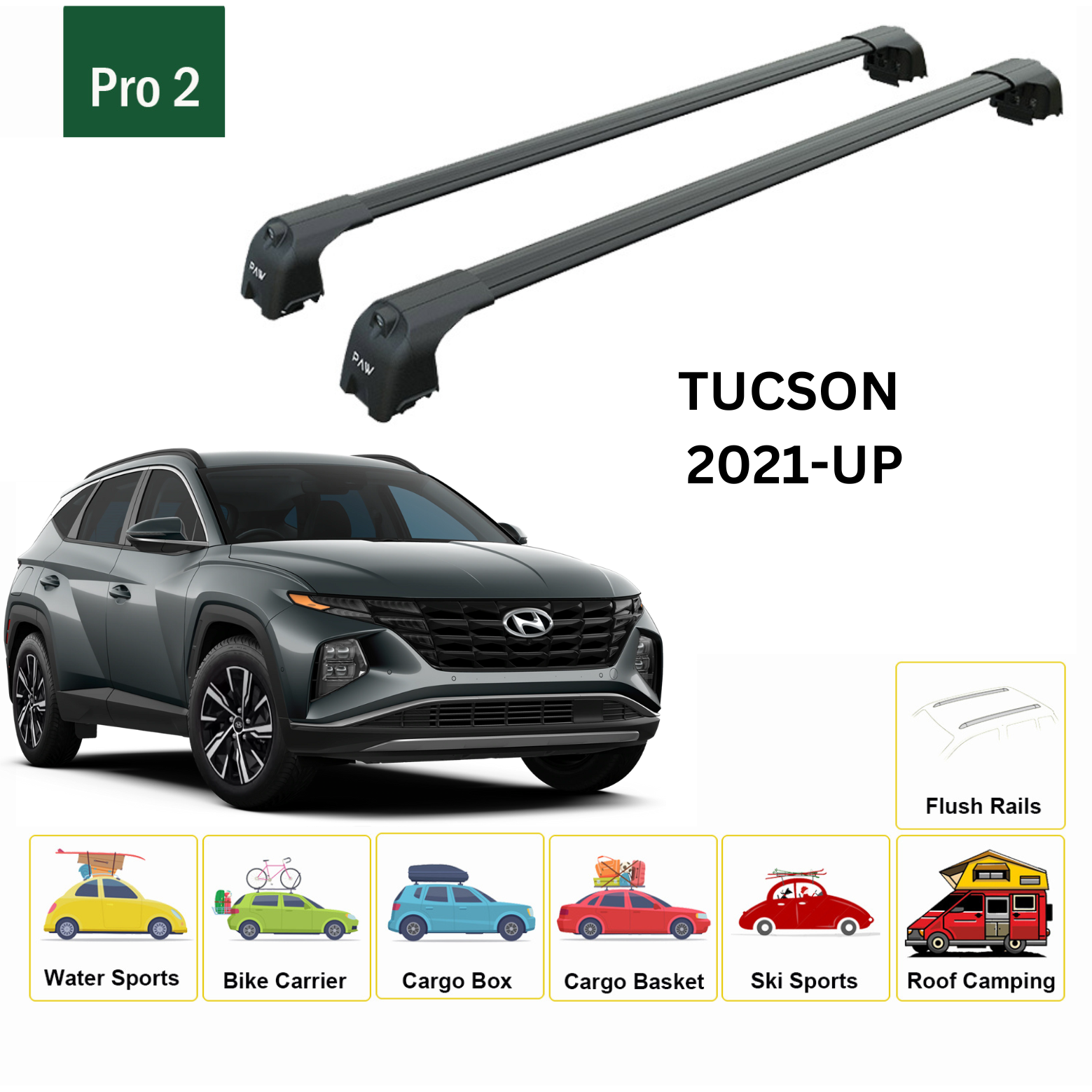 Für Hyundai Tucson 2021-Up Dachträgersystem, Aluminium-Querstange, Metallhalterung, abschließbar, Schwarz
