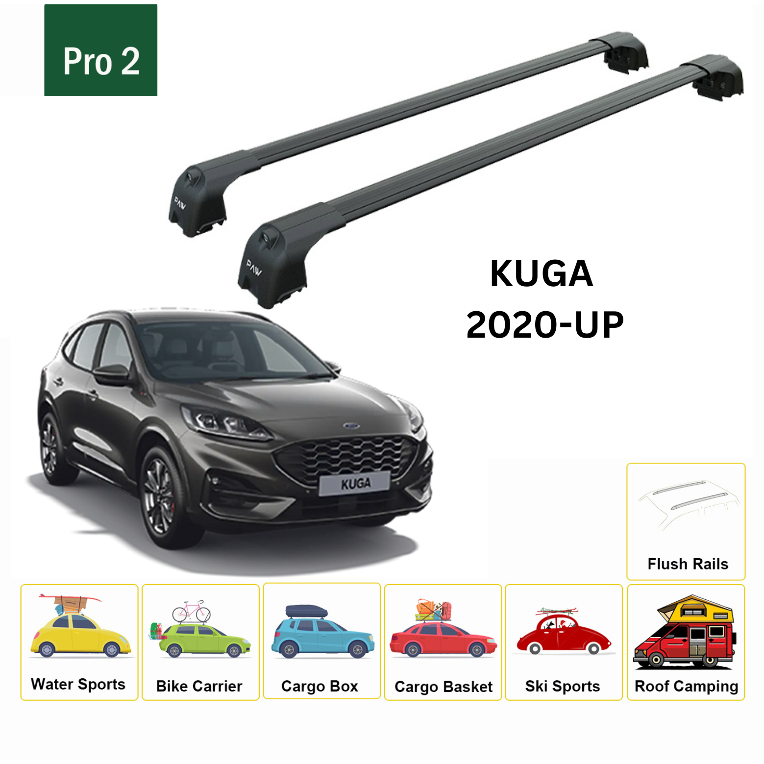 For Ford Kuga (CX482) 2020-Up Roof Rack Cross Bars Flush Rail Alu Black - 0