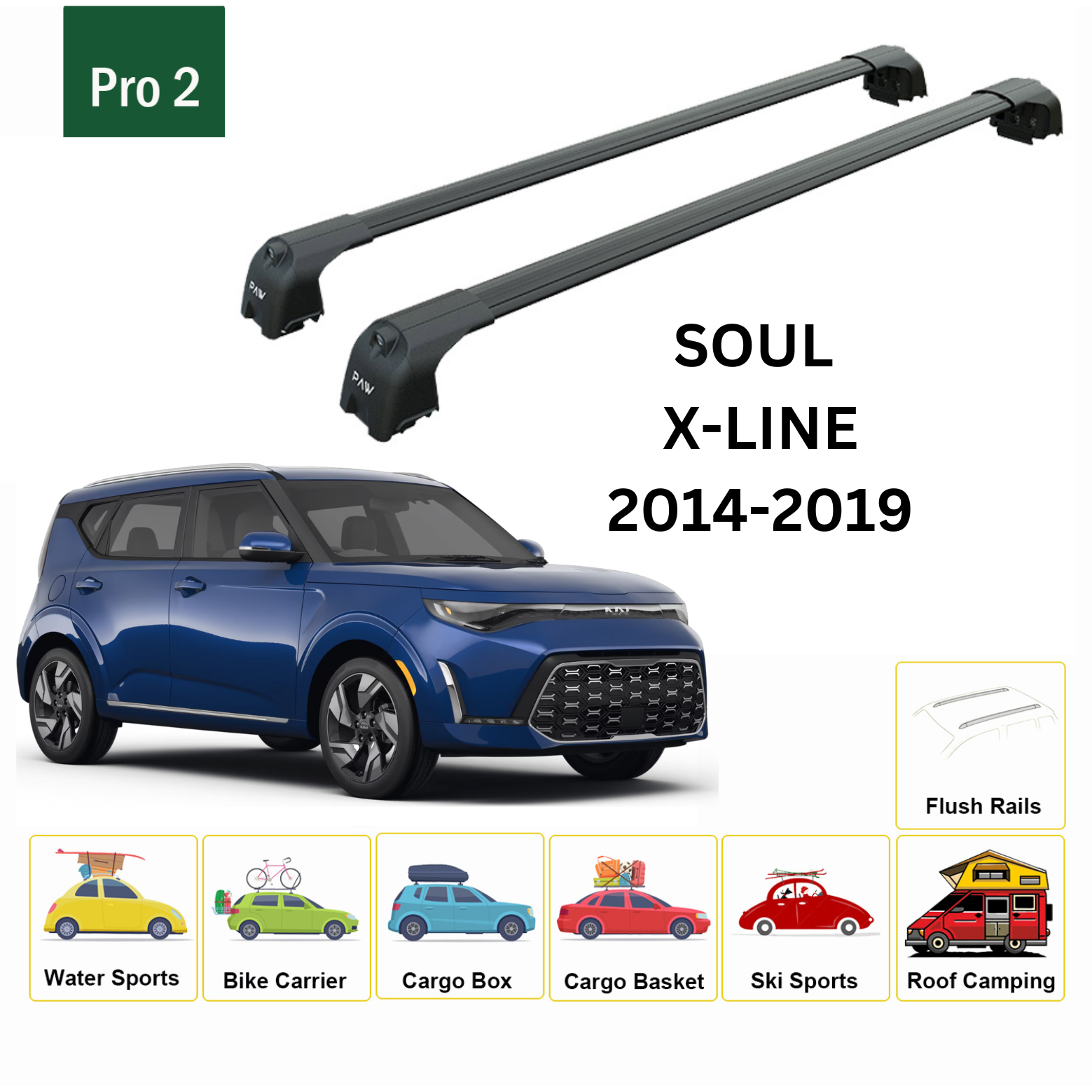 For Kia Soul X-Line 2020-Up Roof Rack Cross Bars Flush Rail Alu Black