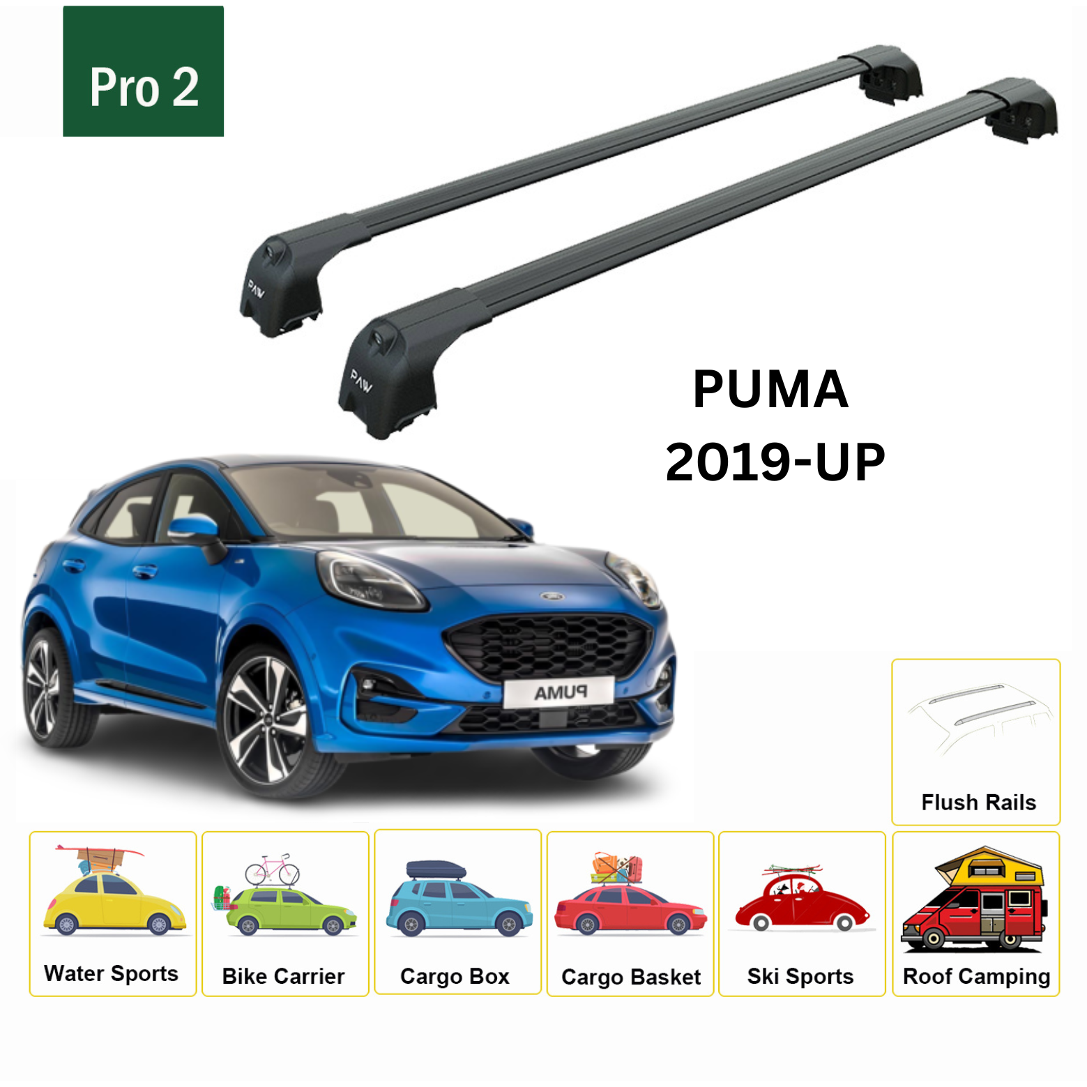 For Ford Puma 2019-Up Roof Rack Cross Bars Metal Bracket Flush Rail Alu Black